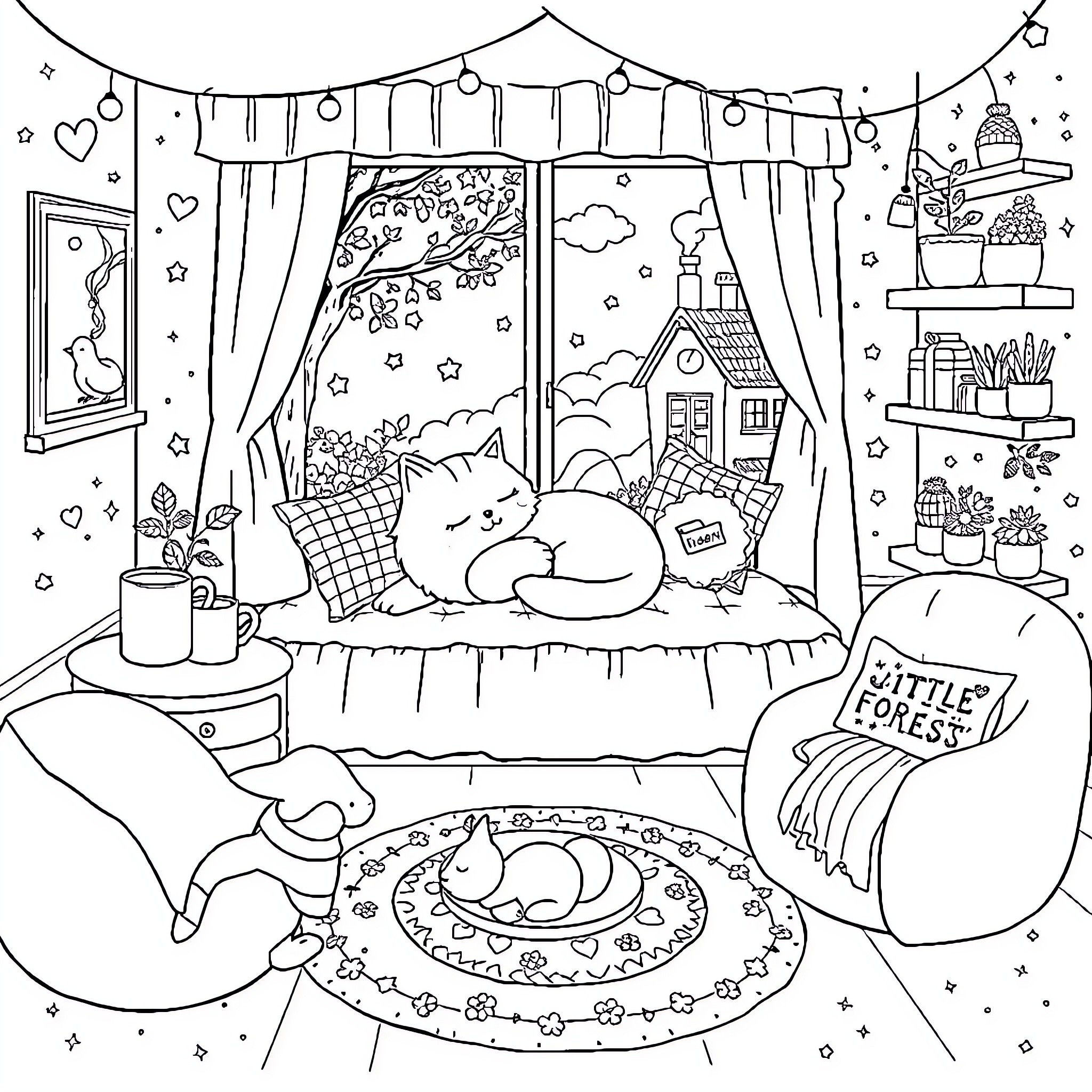 Cat enjoying a cozy home decor scene Coloring Page (free black-and-white line drawing printable PDF for all, from beginners to advanced learners, including children, teens, adults, and seniors)