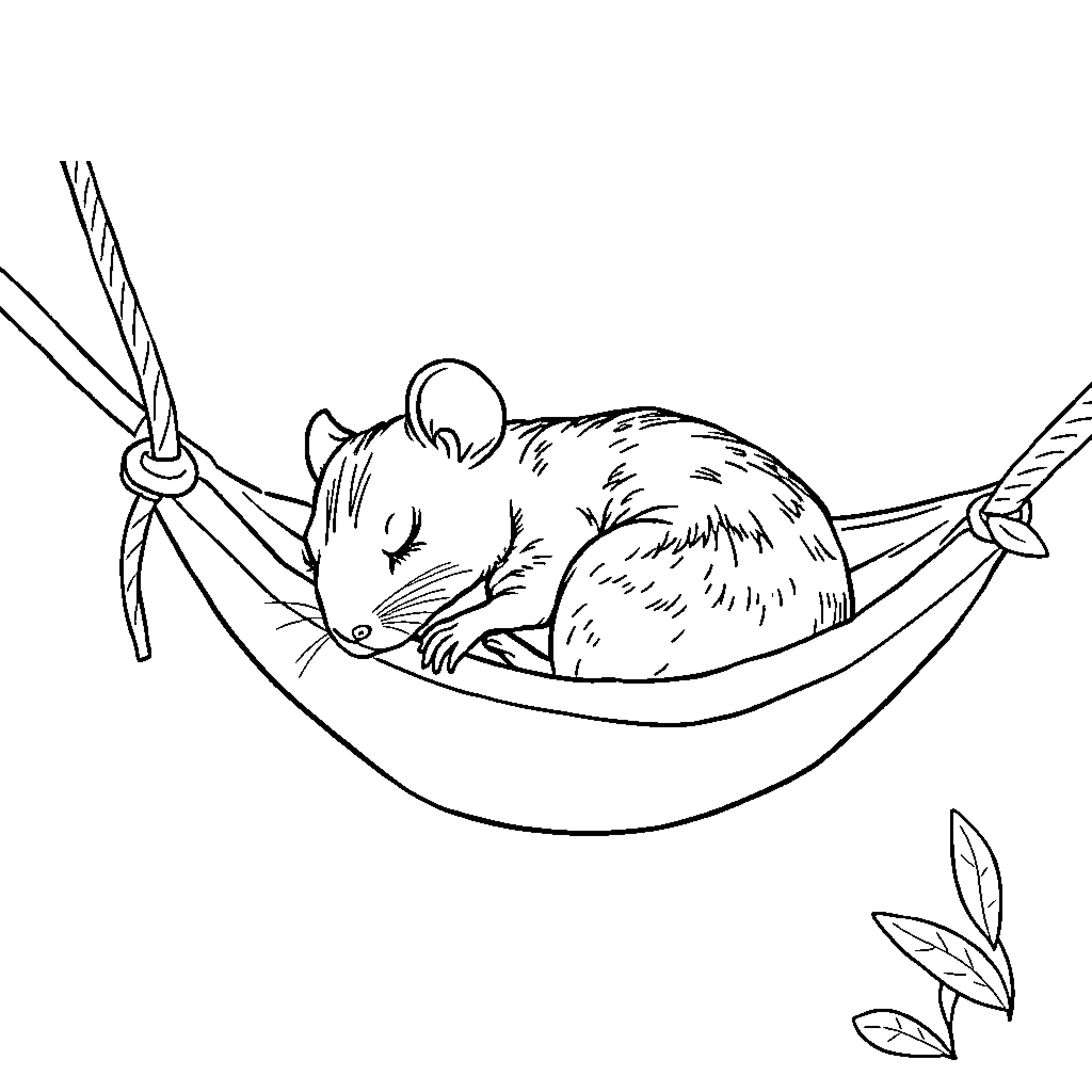 Rat relaxing in a hammock Coloring Page (free black-and-white line drawing printable PDF for all, from beginners to advanced learners, including children, teens, adults, and seniors)