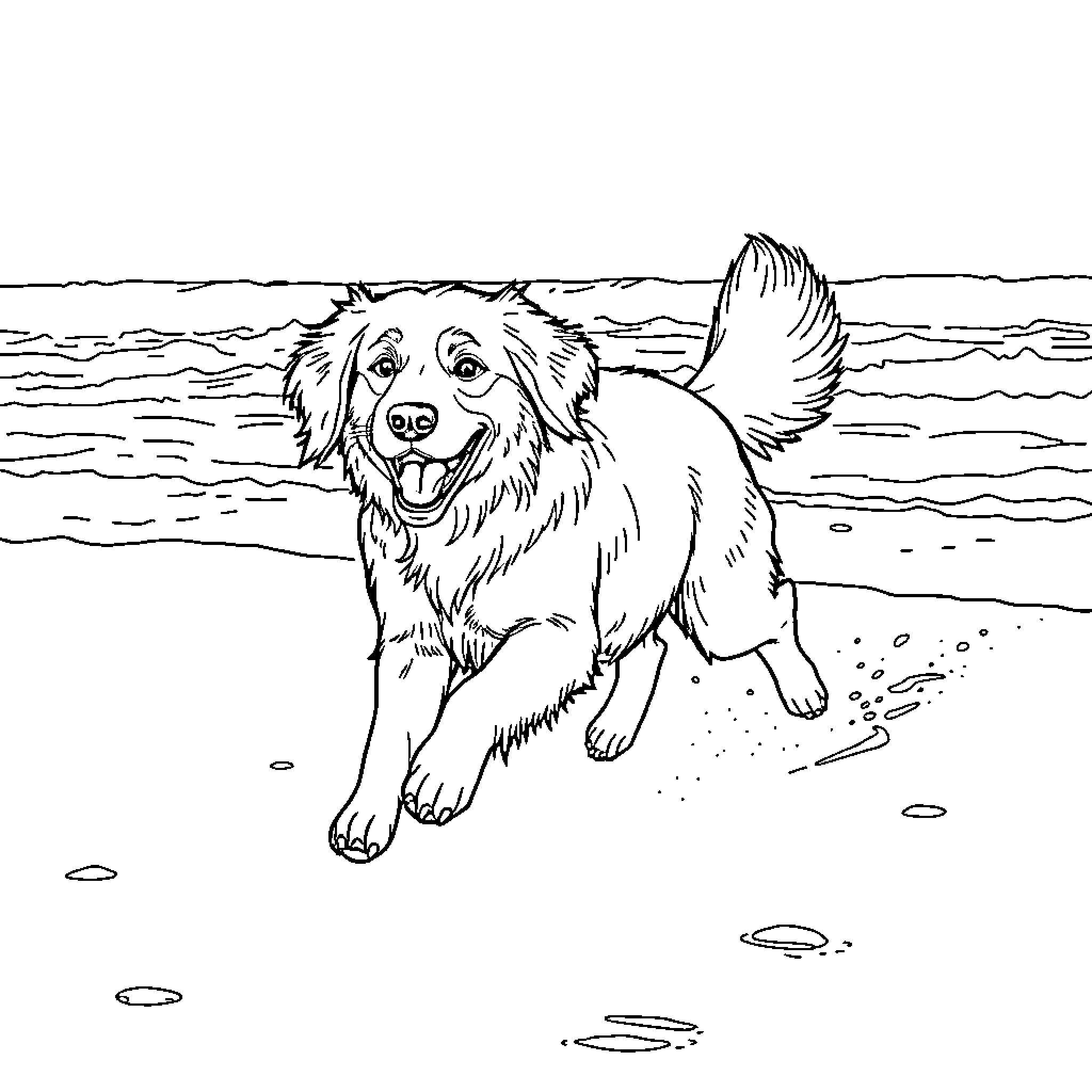 Golden Retriever playing joyfully on the beach Coloring Page (free black-and-white line drawing printable PDF for all, from beginners to advanced learners, including children, teens, adults, and seniors)