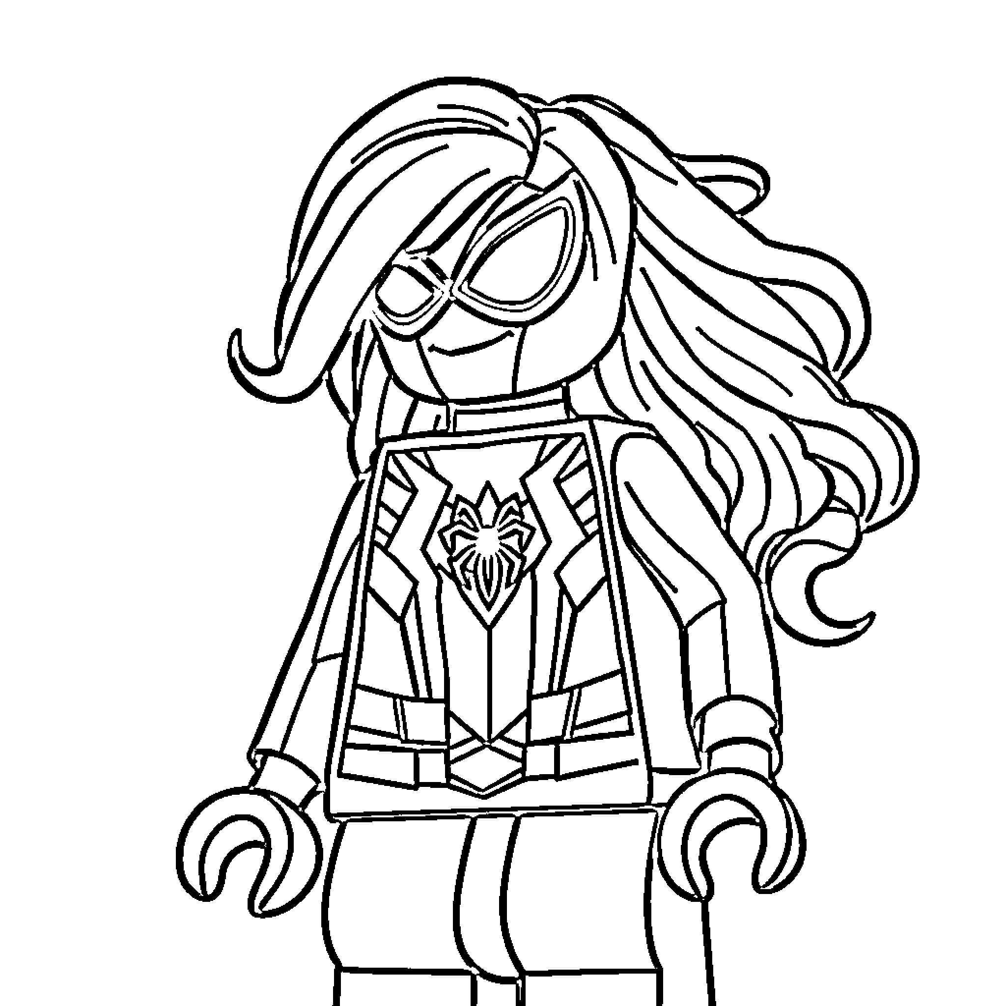 Spiderwoman taking action in heroic pose Coloring Page (free black-and-white line drawing printable PDF for all, from beginners to advanced learners, including children, teens, adults, and seniors)