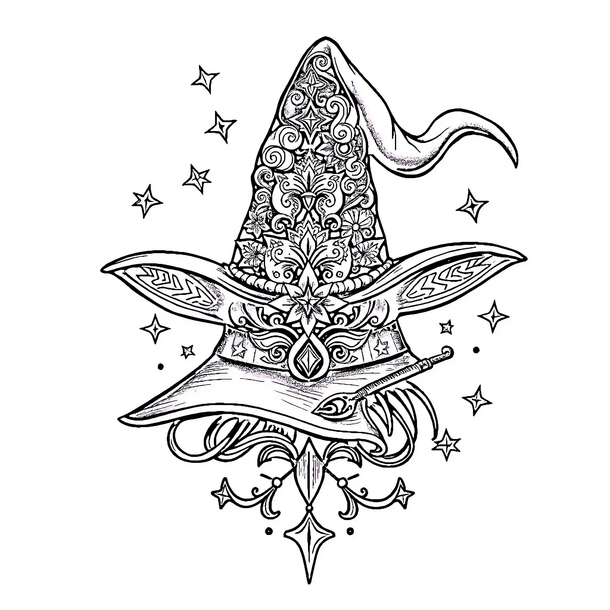 Witch Hat with Intricate Patterns and Enchanting Stars Coloring Page (free black-and-white line drawing printable PDF for all, from beginners to advanced learners, including children, teens, adults, and seniors)