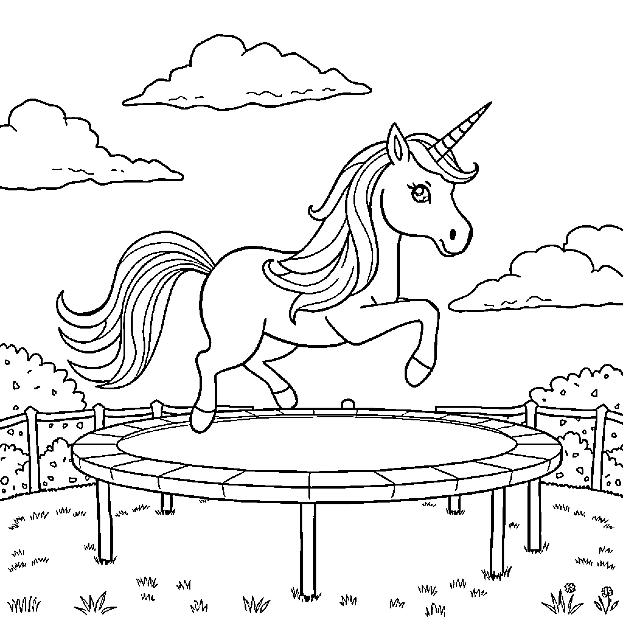 Unicorn leaping gracefully on trampoline in nature Coloring Page (free black-and-white line drawing printable PDF for all, from beginners to advanced learners, including children, teens, adults, and seniors)