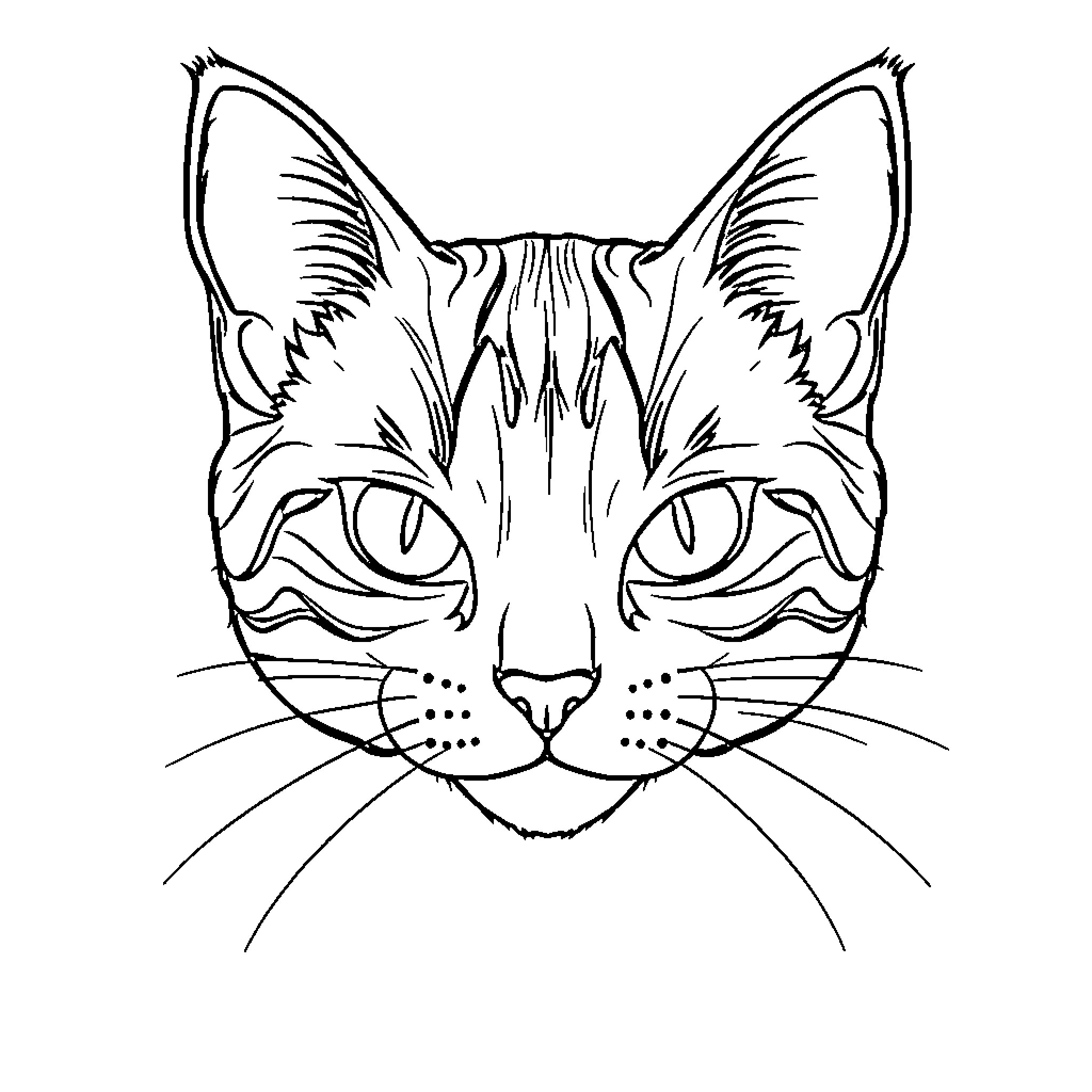 Cat Face Close-Up Sketch Coloring Page (free black-and-white line drawing printable PDF for all, from beginners to advanced learners, including children, teens, adults, and seniors)