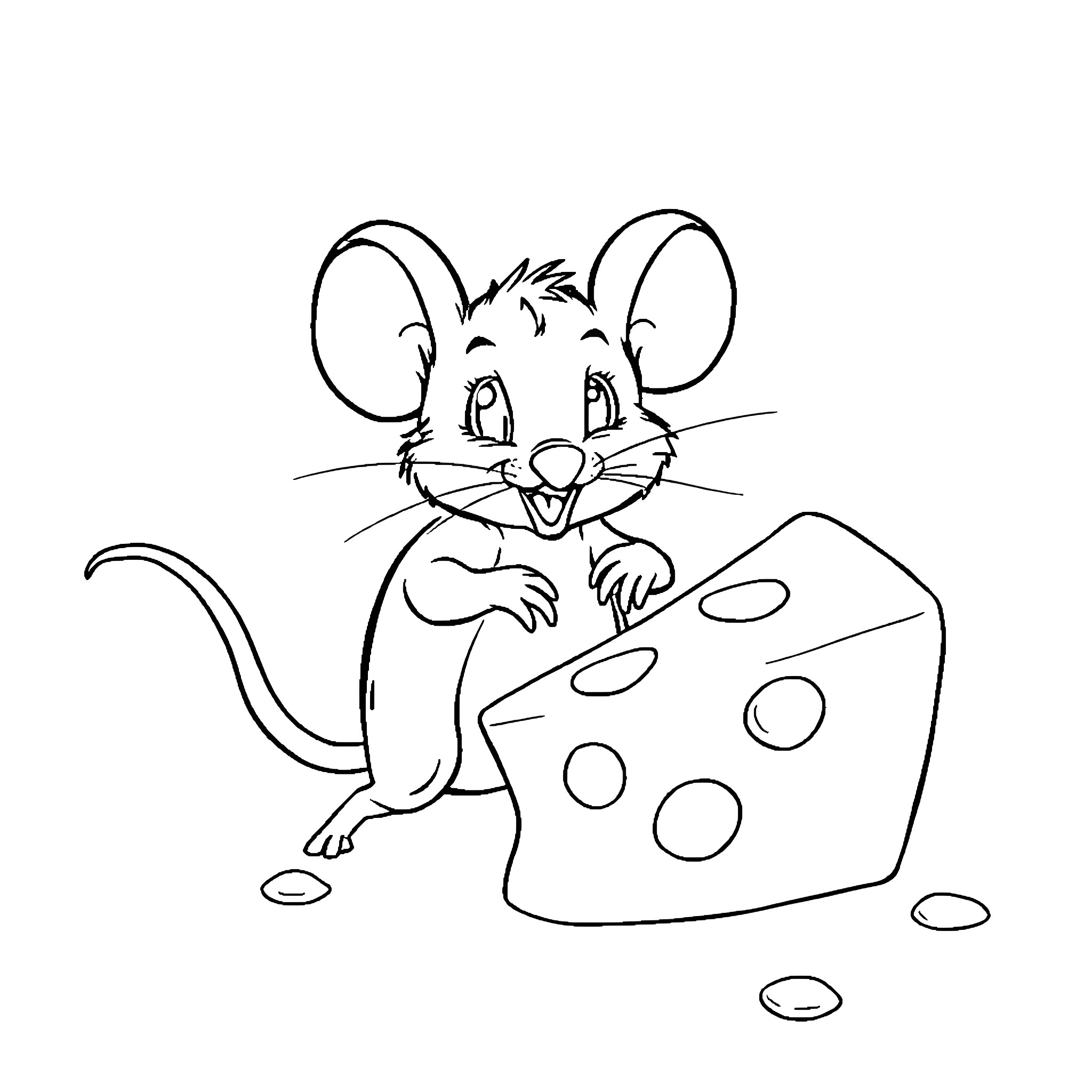 Mouse playing with a giant cheese cube Coloring Page (free black-and-white line drawing printable PDF for all, from beginners to advanced learners, including children, teens, adults, and seniors)
