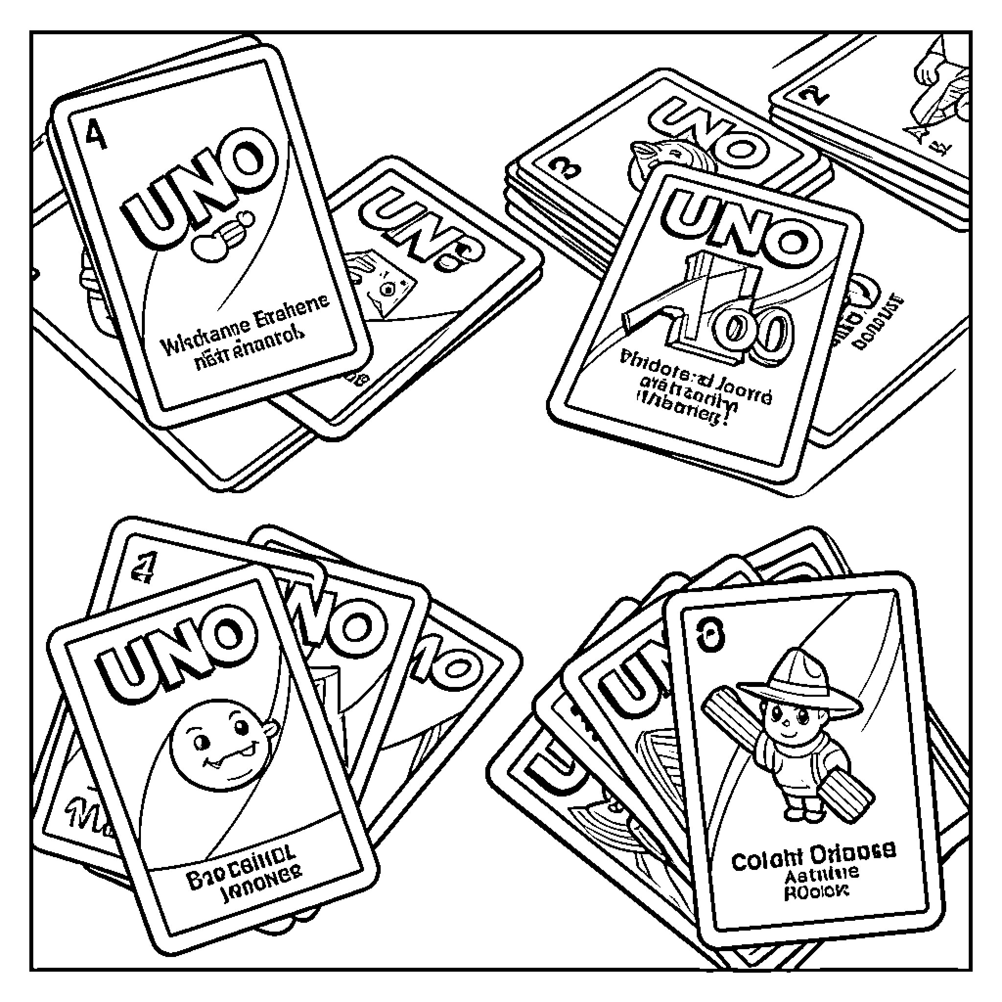 UNO Card game scattered across a flat surface Coloring Page (free black-and-white line drawing printable PDF for all, from beginners to advanced learners, including children, teens, adults, and seniors)