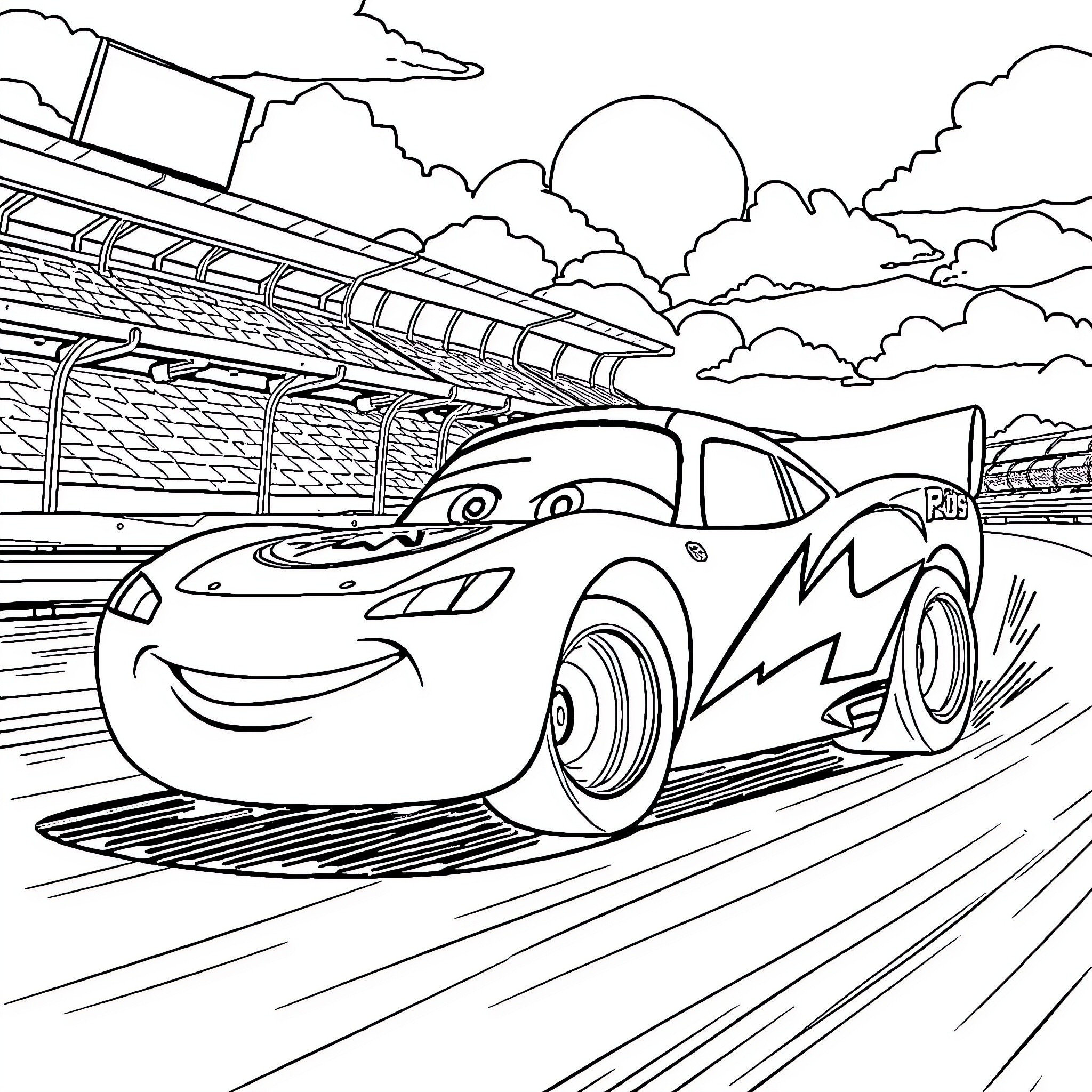 Lightning McQueen racing on the track Coloring Page (free black-and-white line drawing printable PDF for all, from beginners to advanced learners, including children, teens, adults, and seniors)