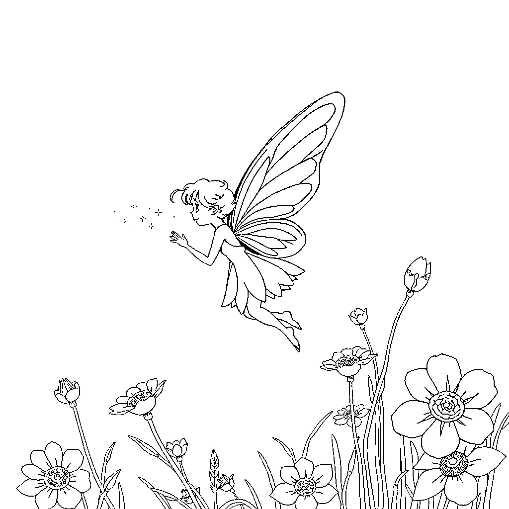 Fairy dancing among flowers in a garden Coloring Page (free black-and-white line drawing printable PDF for all, from beginners to advanced learners, including children, teens, adults, and seniors)