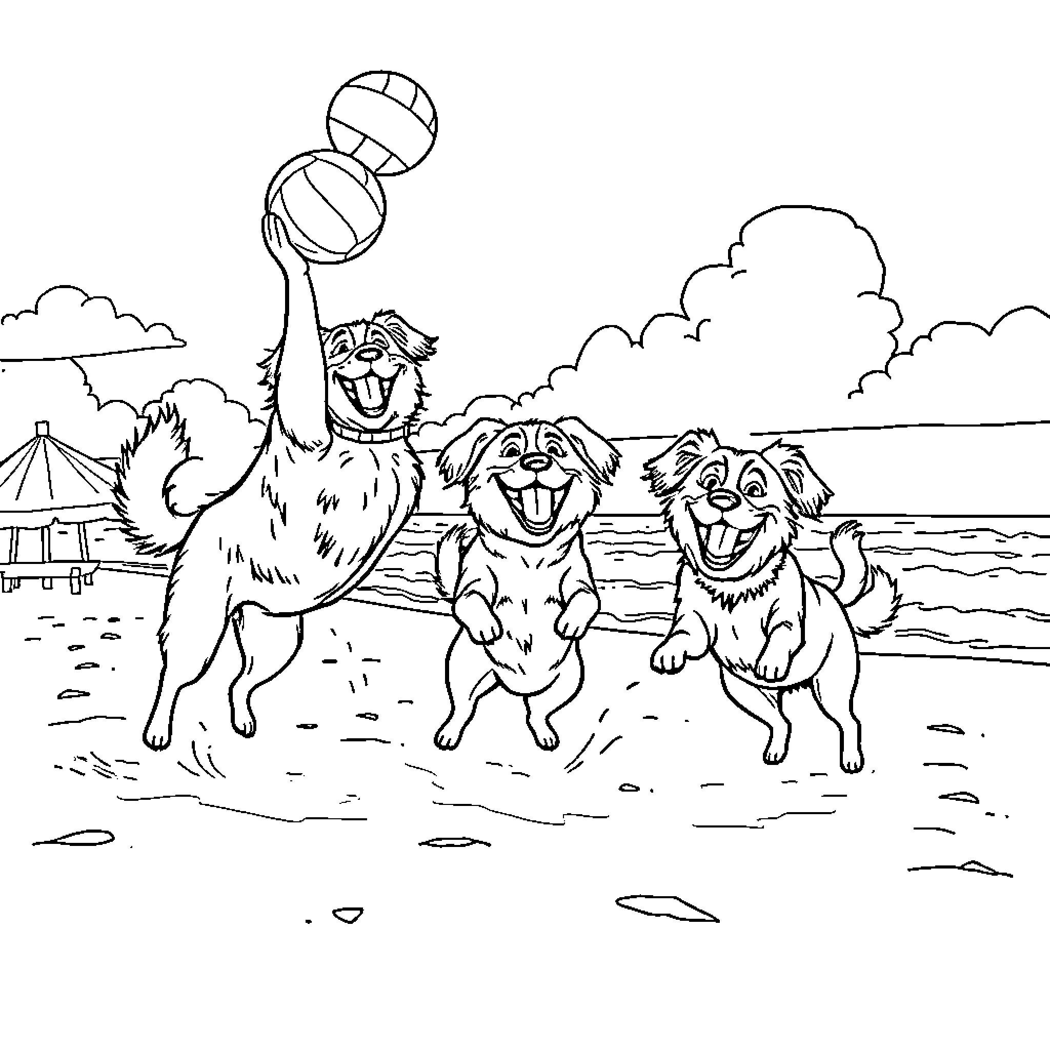 Dogs playing joyfully with volleyball on the beach Coloring Page (free black-and-white line drawing printable PDF for all, from beginners to advanced learners, including children, teens, adults, and seniors)