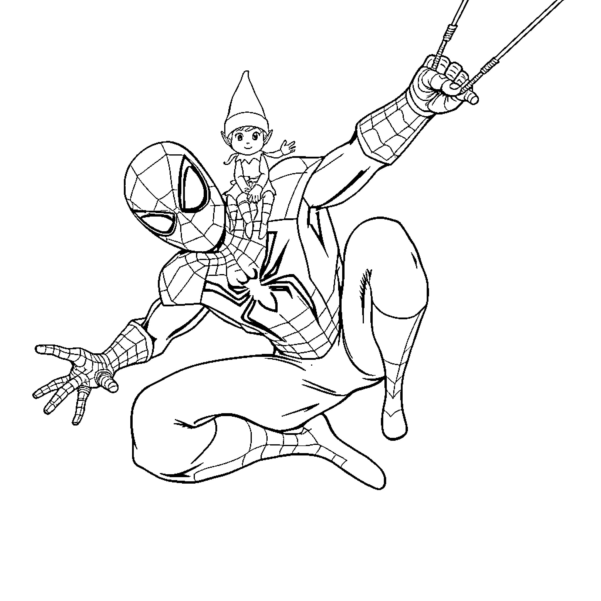 Spiderman swinging into action Coloring Page (free black-and-white line drawing printable PDF for all, from beginners to advanced learners, including children, teens, adults, and seniors)