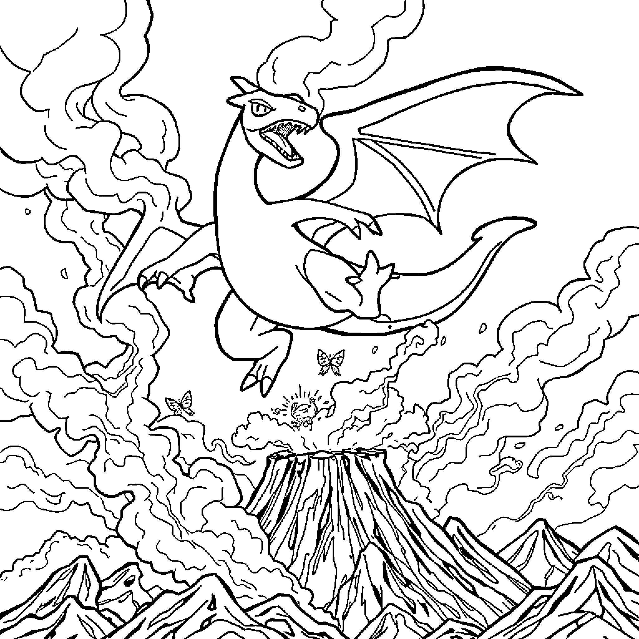Charizard soaring above volcanic landscape Coloring Page (free black-and-white line drawing printable PDF for all, from beginners to advanced learners, including children, teens, adults, and seniors)