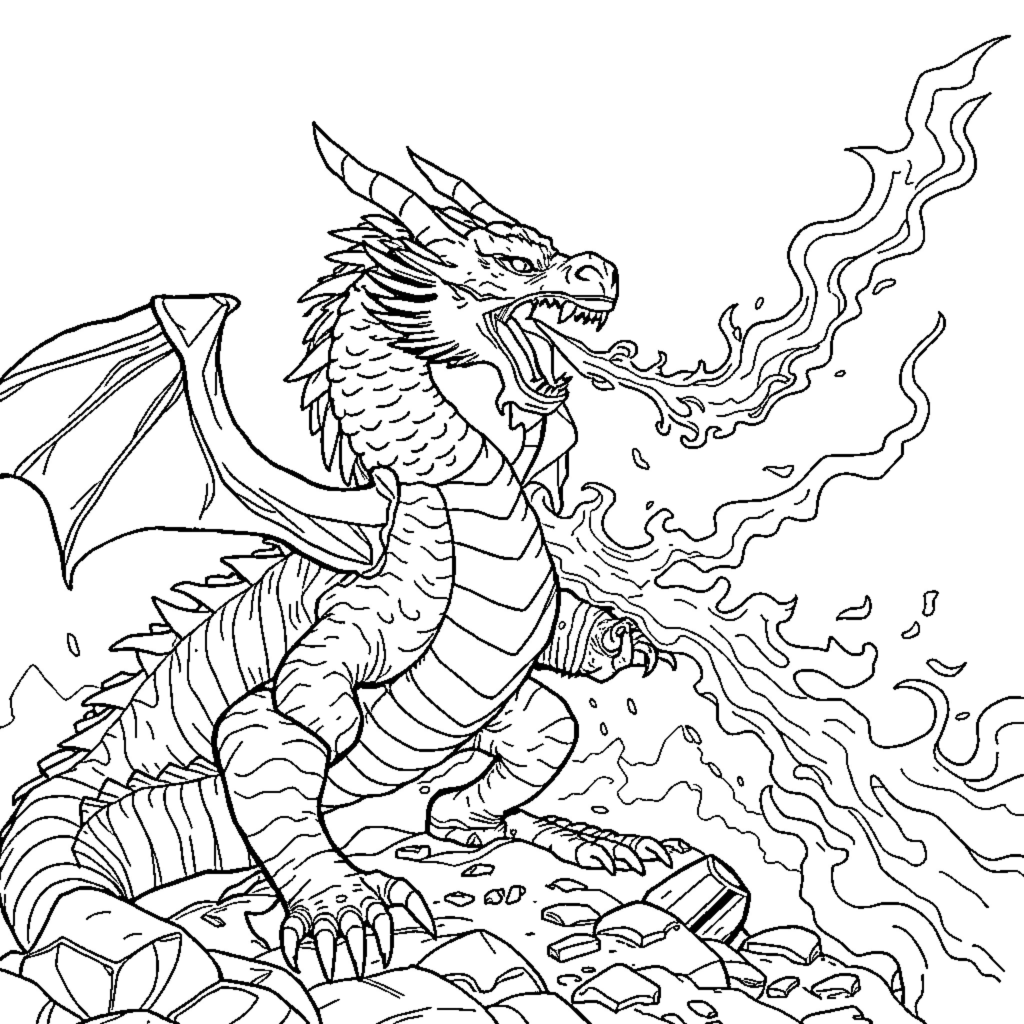 Dragon breathing fire on rocky terrain Coloring Page (free black-and-white line drawing printable PDF for all, from beginners to advanced learners, including children, teens, adults, and seniors)