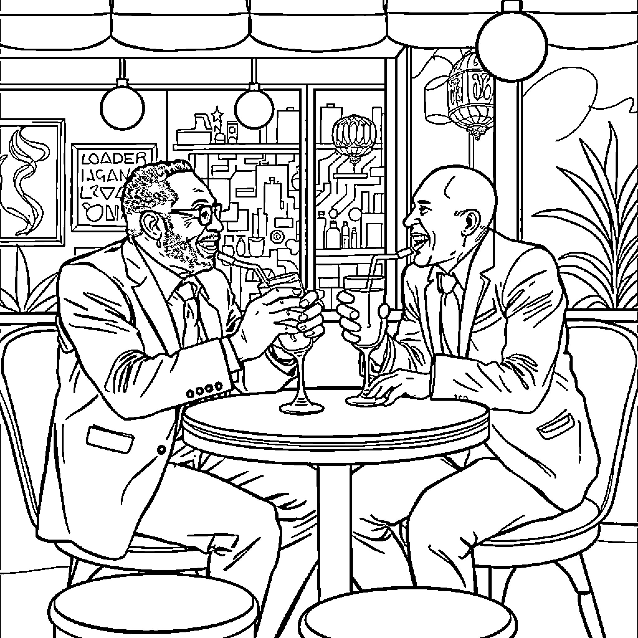 Herbie Hancock's Artistic Gathering in a Vibrant Setting Coloring Page (free black-and-white line drawing printable PDF for all, from beginners to advanced learners, including children, teens, adults, and seniors)