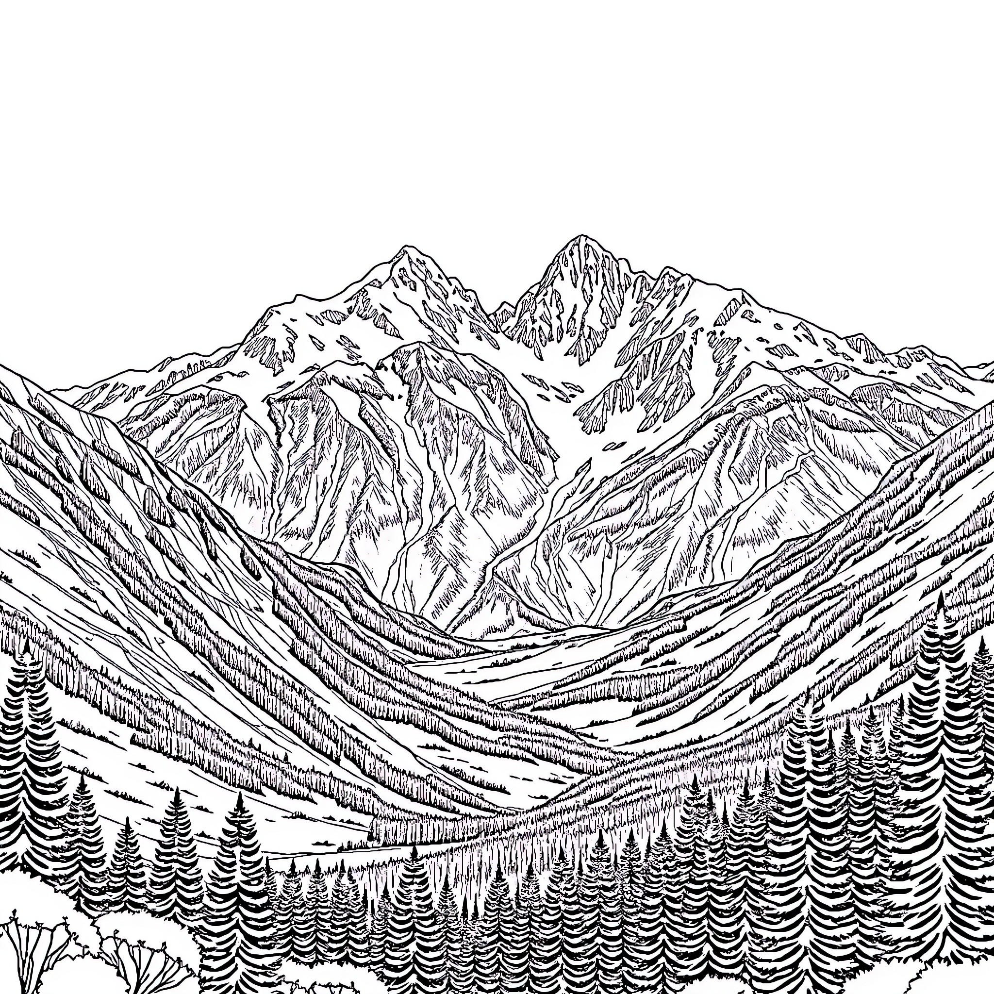 Mountain landscape with rugged peaks and pine forests Coloring Page (free black-and-white line drawing printable PDF for all, from beginners to advanced learners, including children, teens, adults, and seniors)