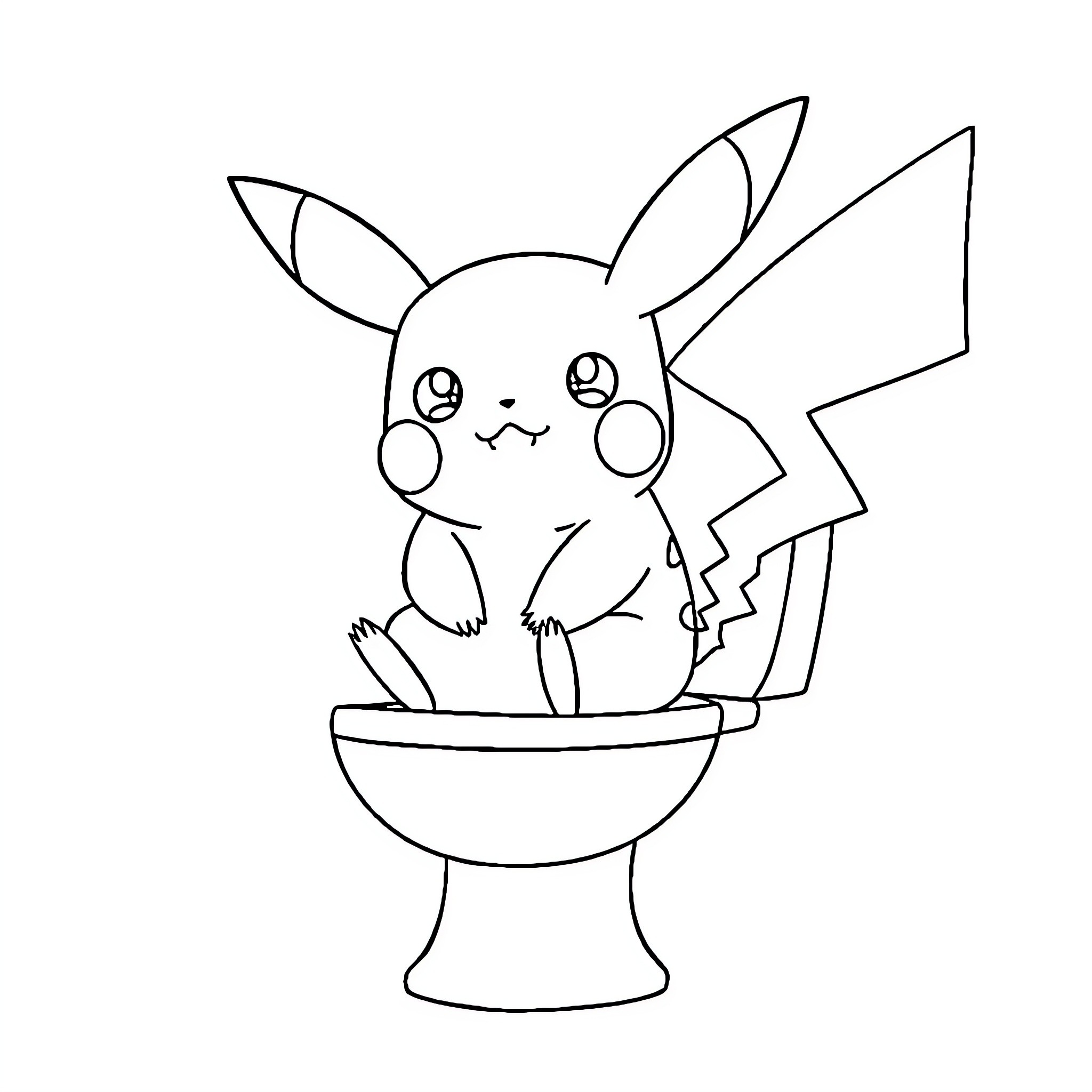 Pikachu sitting inside a bowl with a curious expression Coloring Page (free black-and-white line drawing printable PDF for all, from beginners to advanced learners, including children, teens, adults, and seniors)