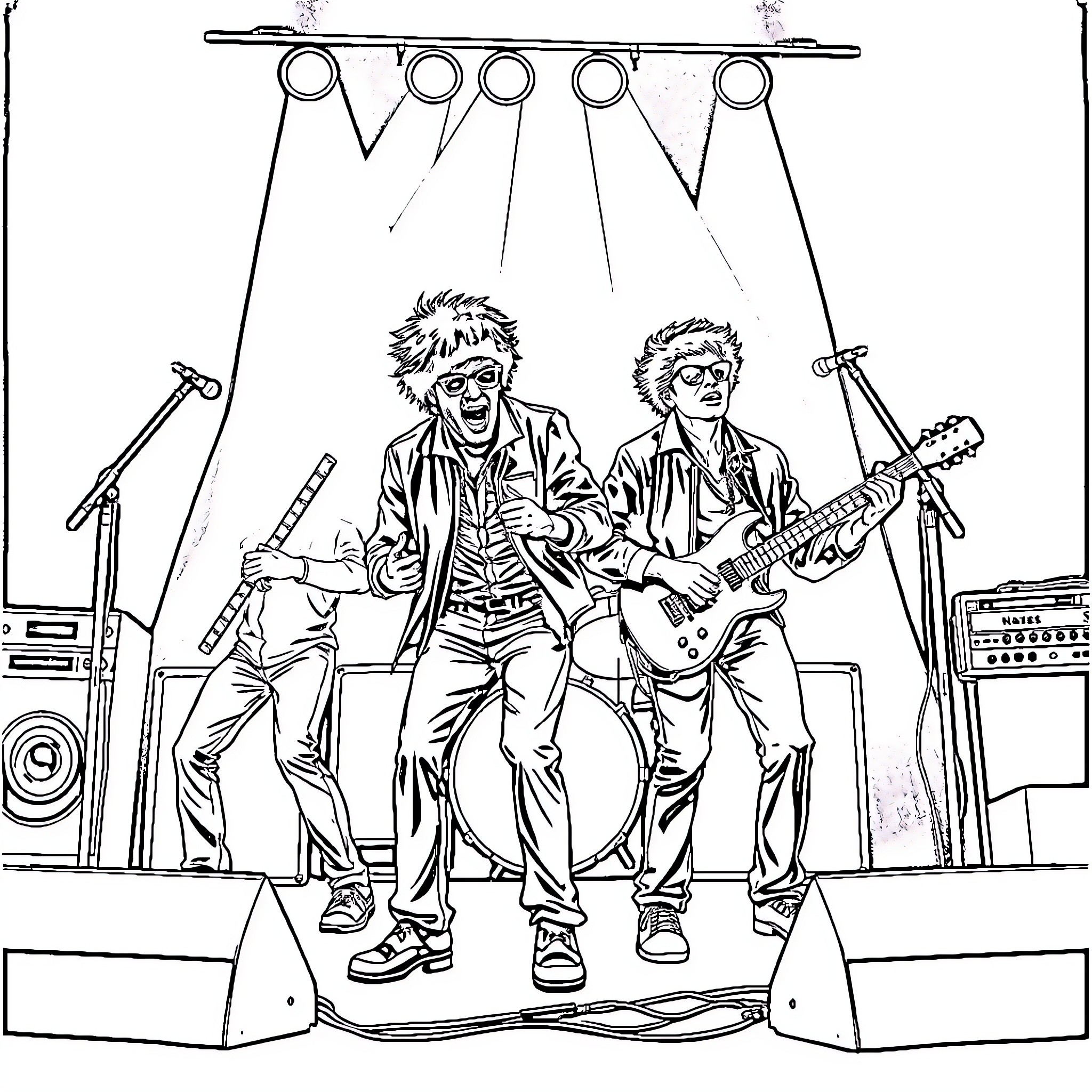 Beastie Boys Performing on Stage with Energy Coloring Page (free black-and-white line drawing printable PDF for all, from beginners to advanced learners, including children, teens, adults, and seniors)