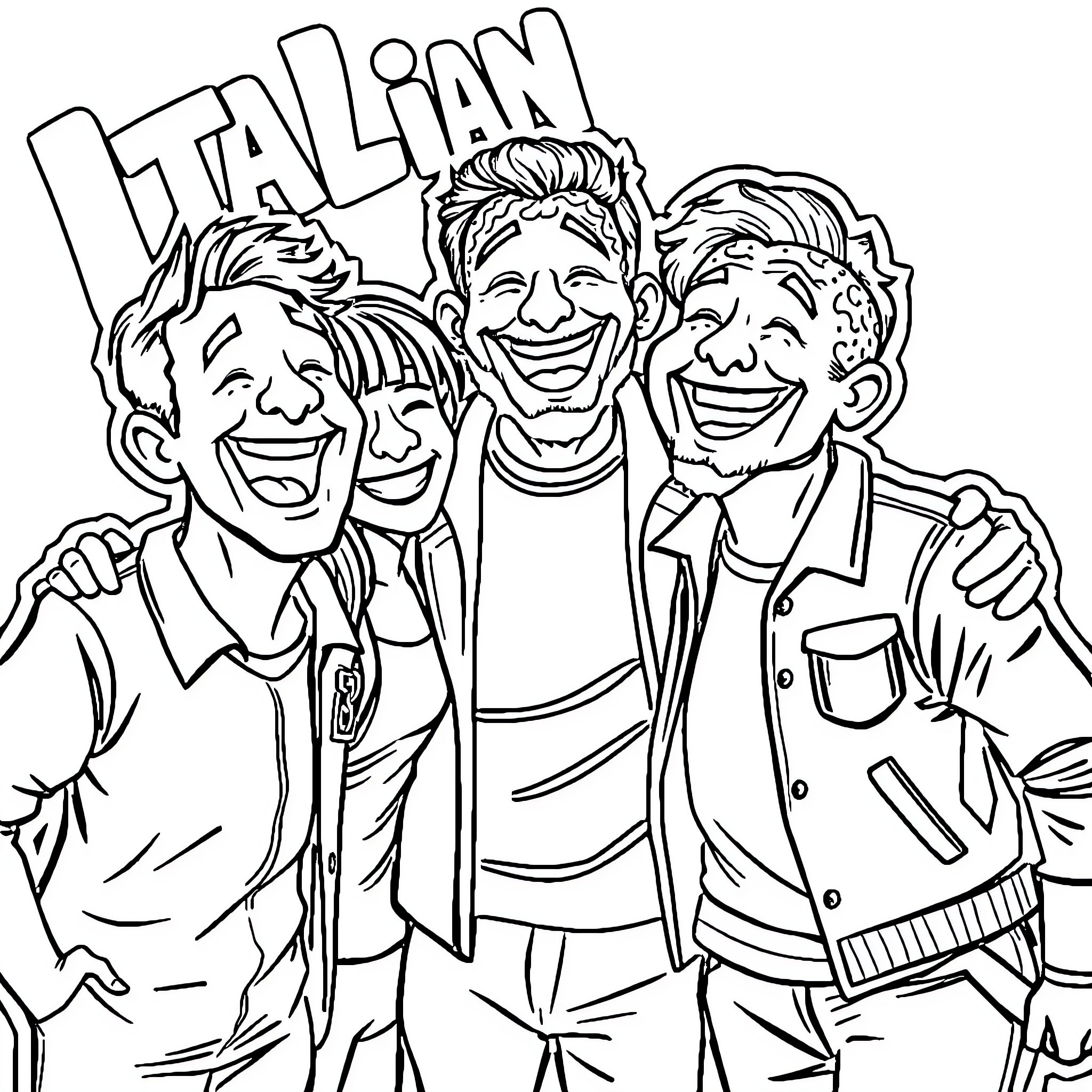 Brainrot Italian Friends Posing Cheerfully Coloring Page (free black-and-white line drawing printable PDF for all, from beginners to advanced learners, including children, teens, adults, and seniors)