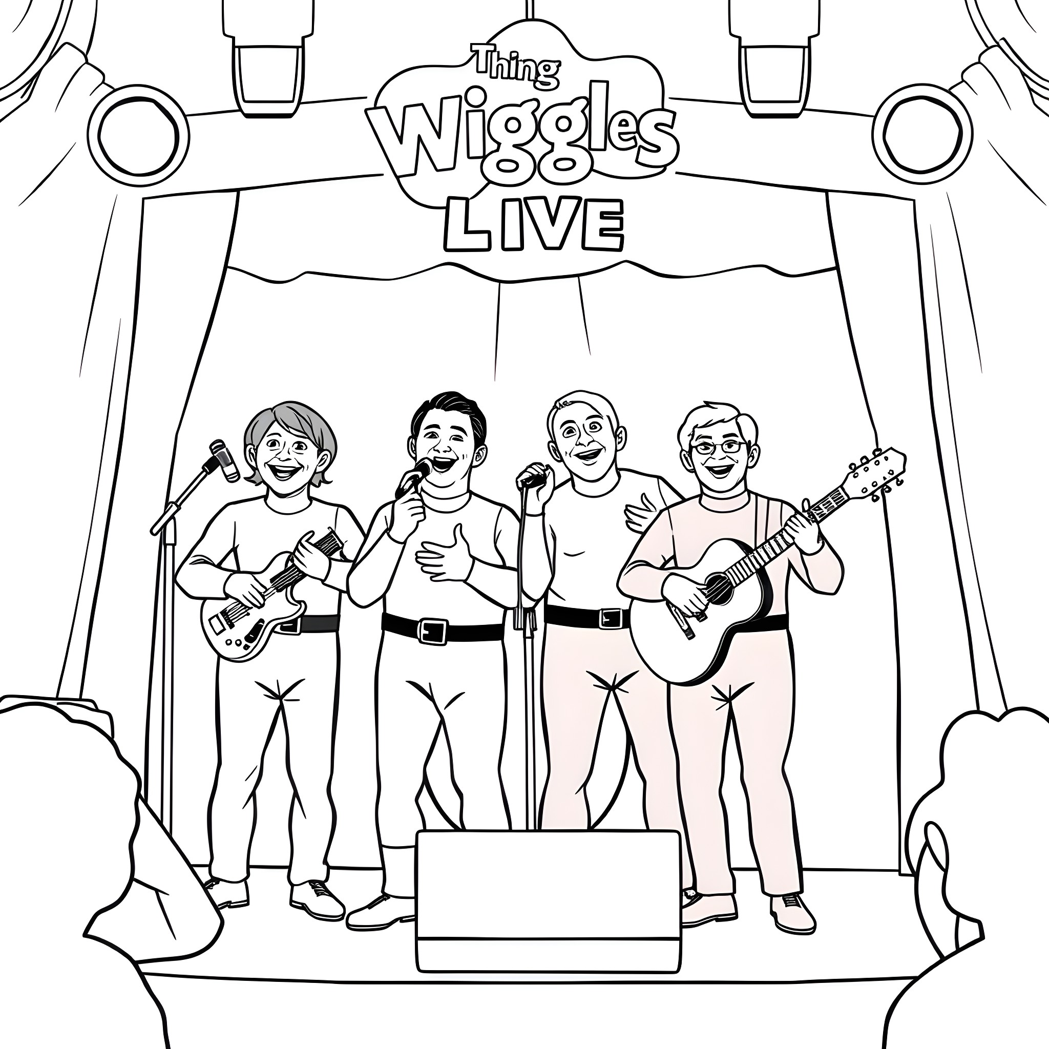 Wiggles performing live on stage Coloring Page (free black-and-white line drawing printable PDF for all, from beginners to advanced learners, including children, teens, adults, and seniors)
