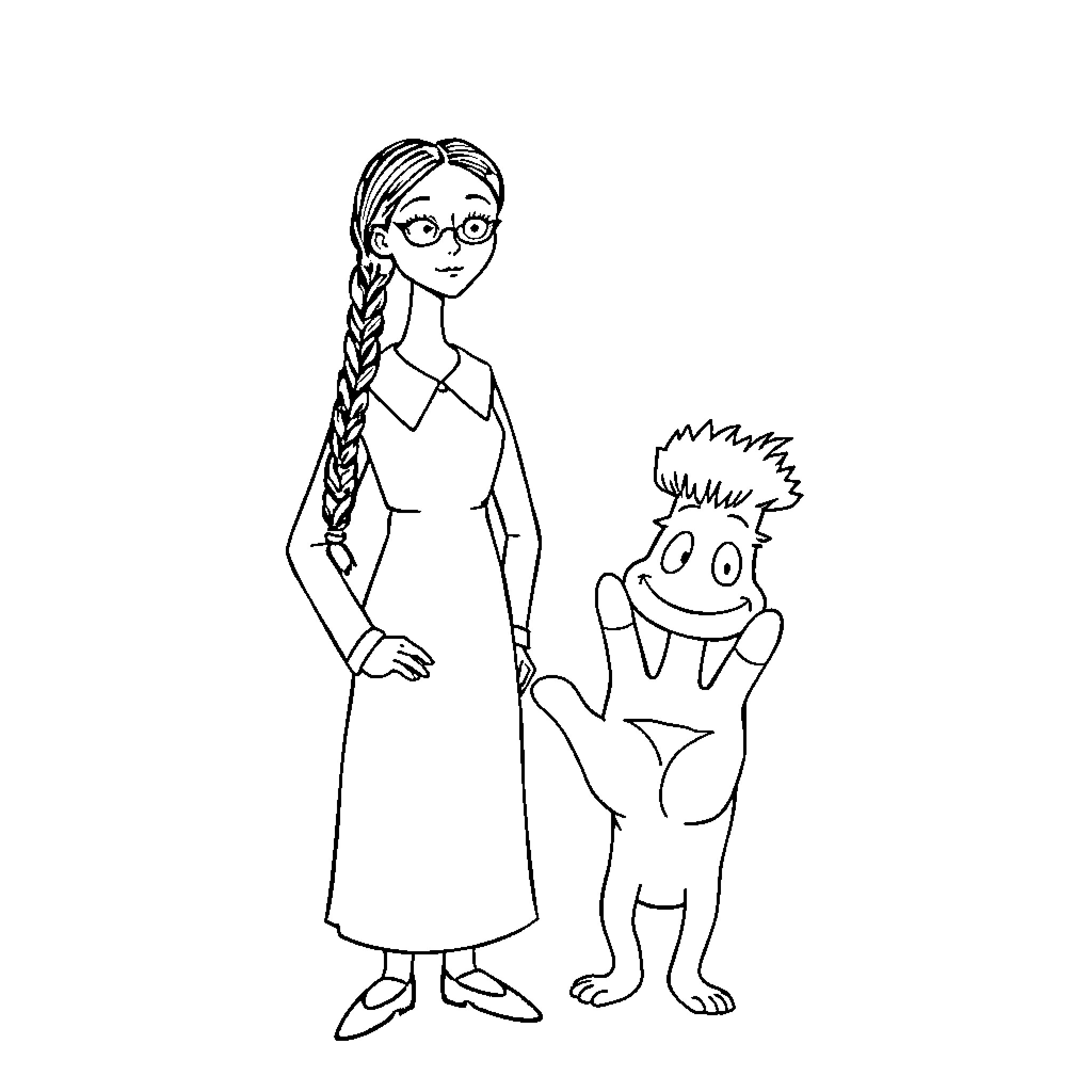 Wednesday's Playful Duo: A Girl and Her Creature Friend Coloring Page (free black-and-white line drawing printable PDF for all, from beginners to advanced learners, including children, teens, adults, and seniors)