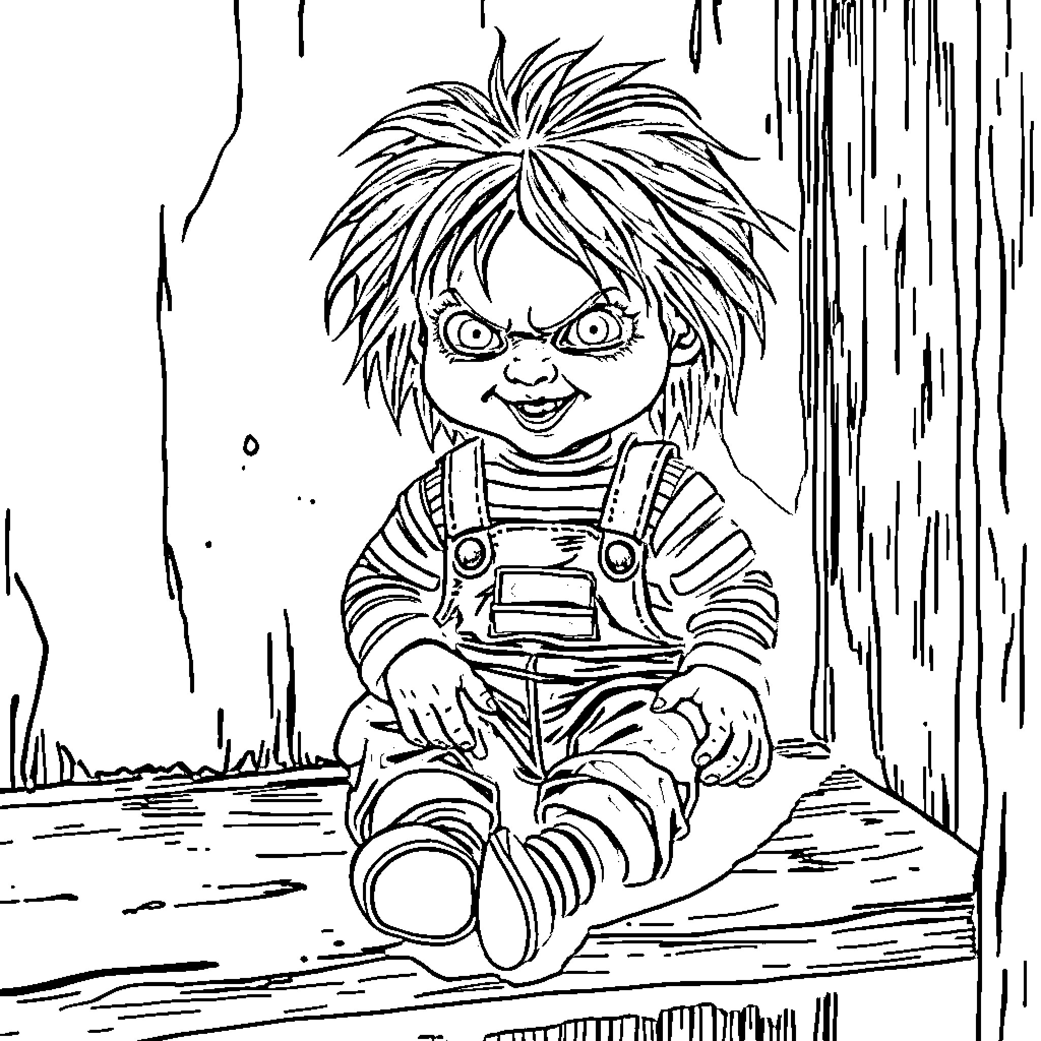 Chucky: The Mischievous Doll's Menacing Presence Coloring Page (free black-and-white line drawing printable PDF for all, from beginners to advanced learners, including children, teens, adults, and seniors)