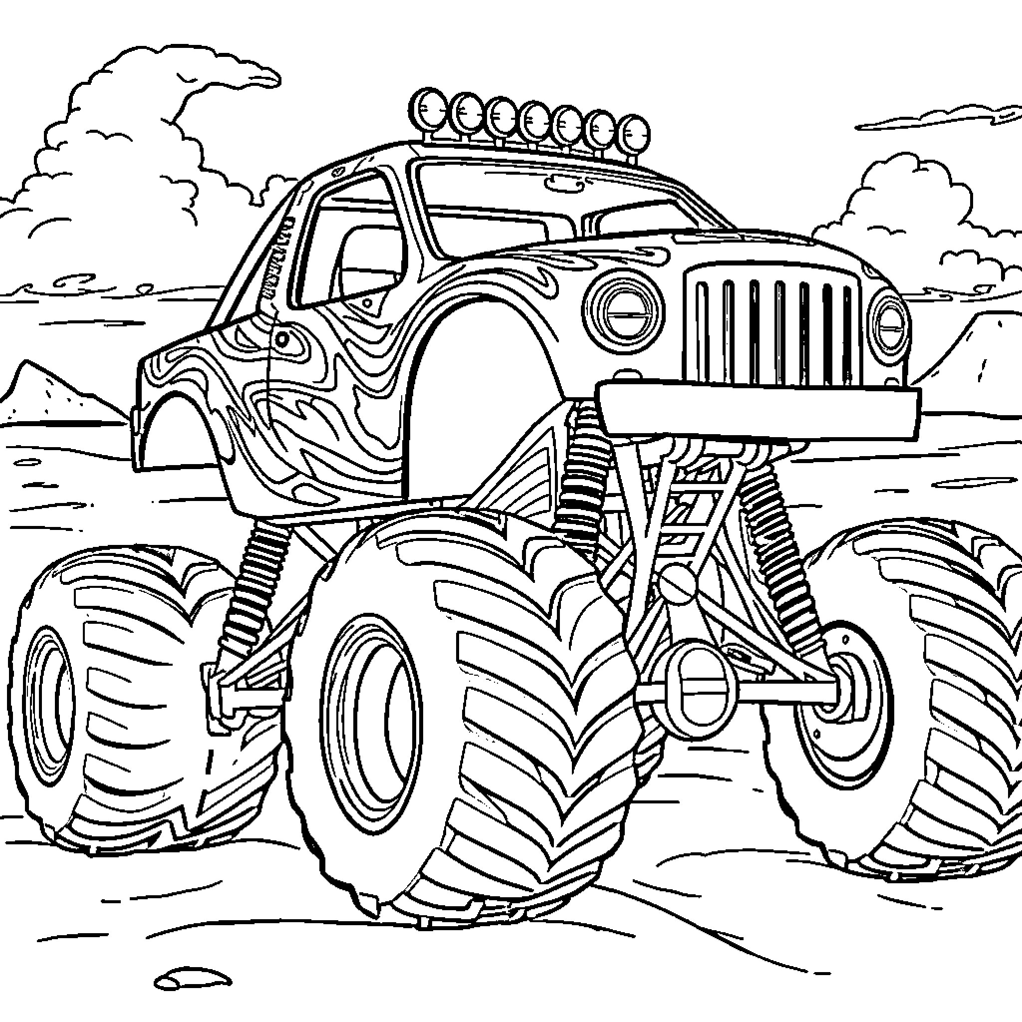 Monster Truck Jumping Over Rugged Terrain Coloring Page (free black-and-white line drawing printable PDF for all, from beginners to advanced learners, including children, teens, adults, and seniors)