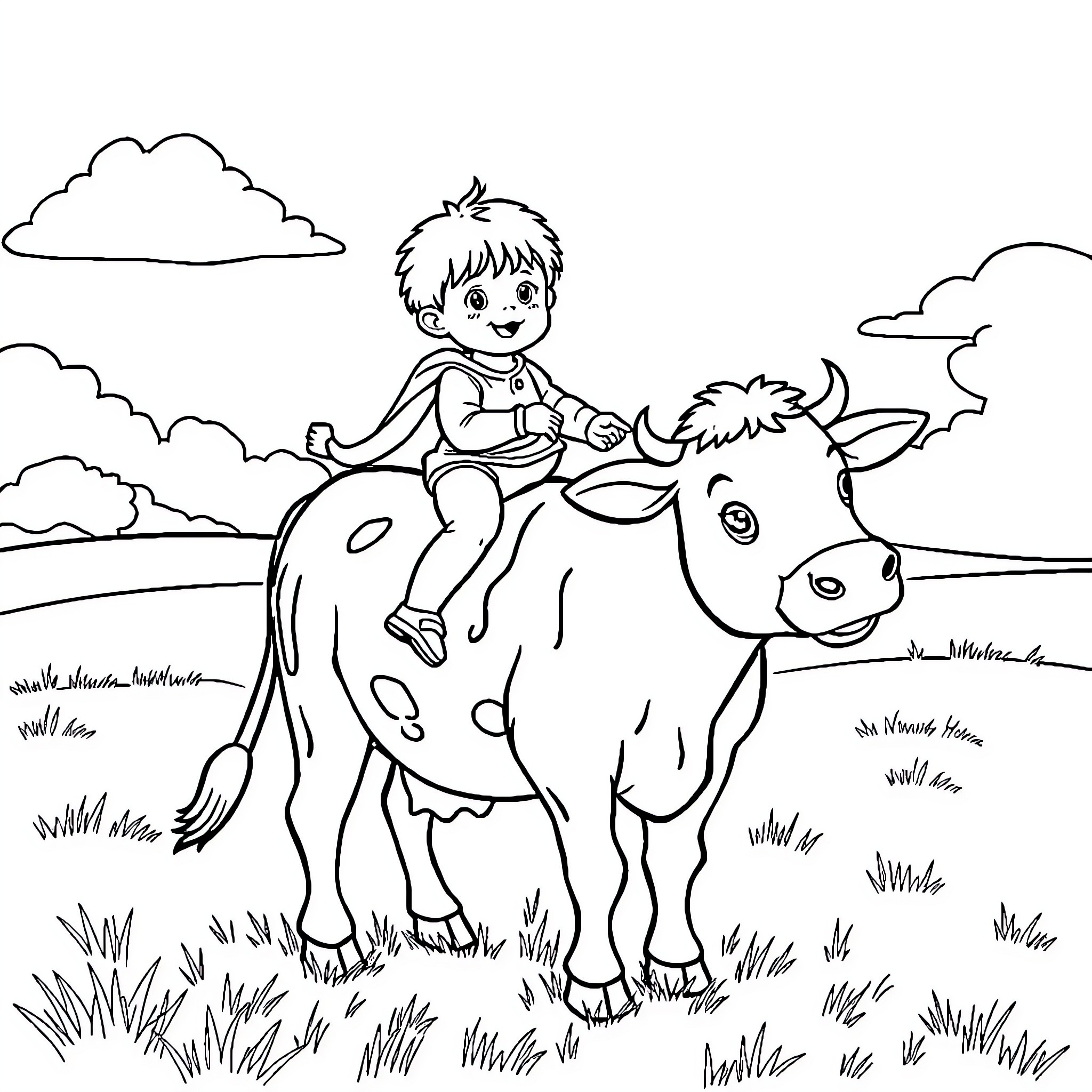 Cow and child playing happily in the countryside Coloring Page (free black-and-white line drawing printable PDF for all, from beginners to advanced learners, including children, teens, adults, and seniors)
