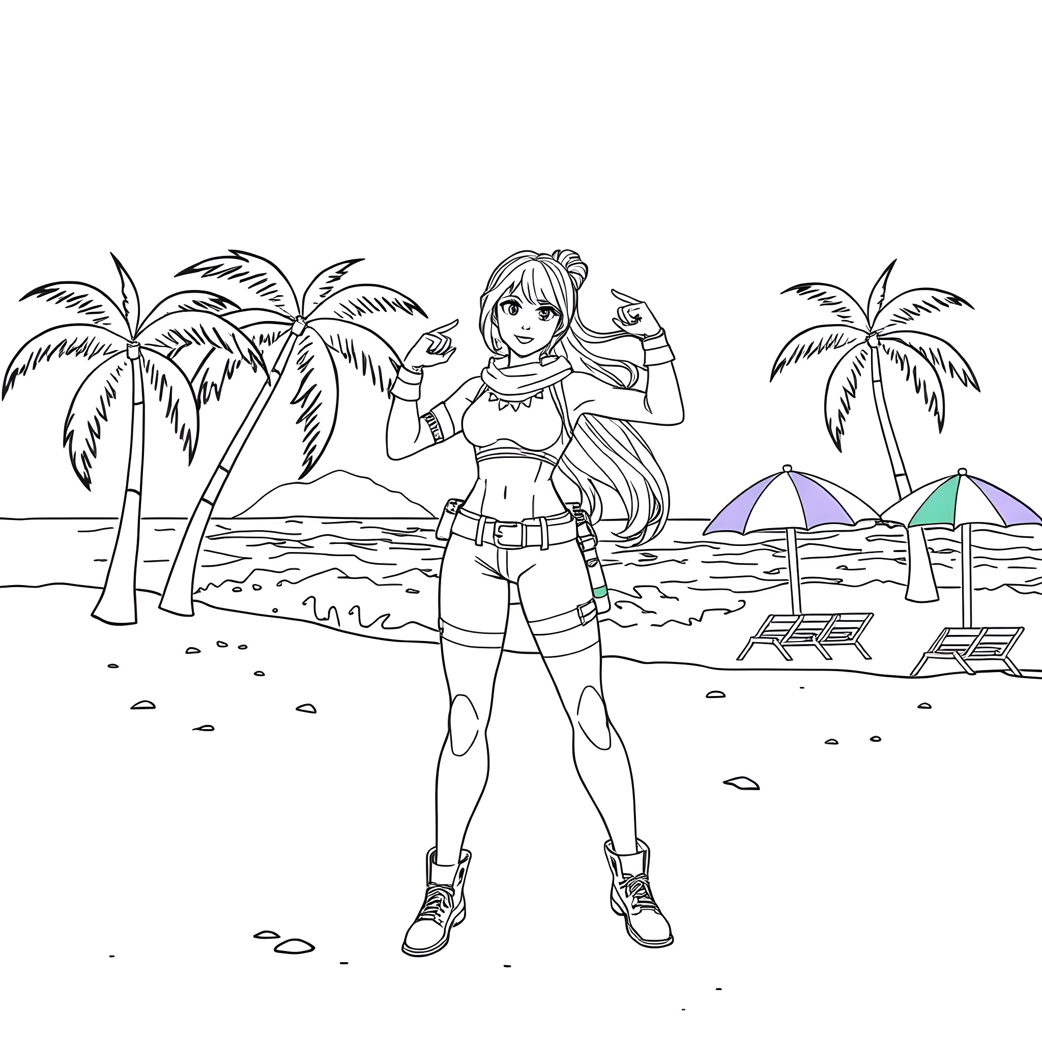 Fortnite Skin Enjoying a Day at the Beach Coloring Page (free black-and-white line drawing printable PDF for all, from beginners to advanced learners, including children, teens, adults, and seniors)