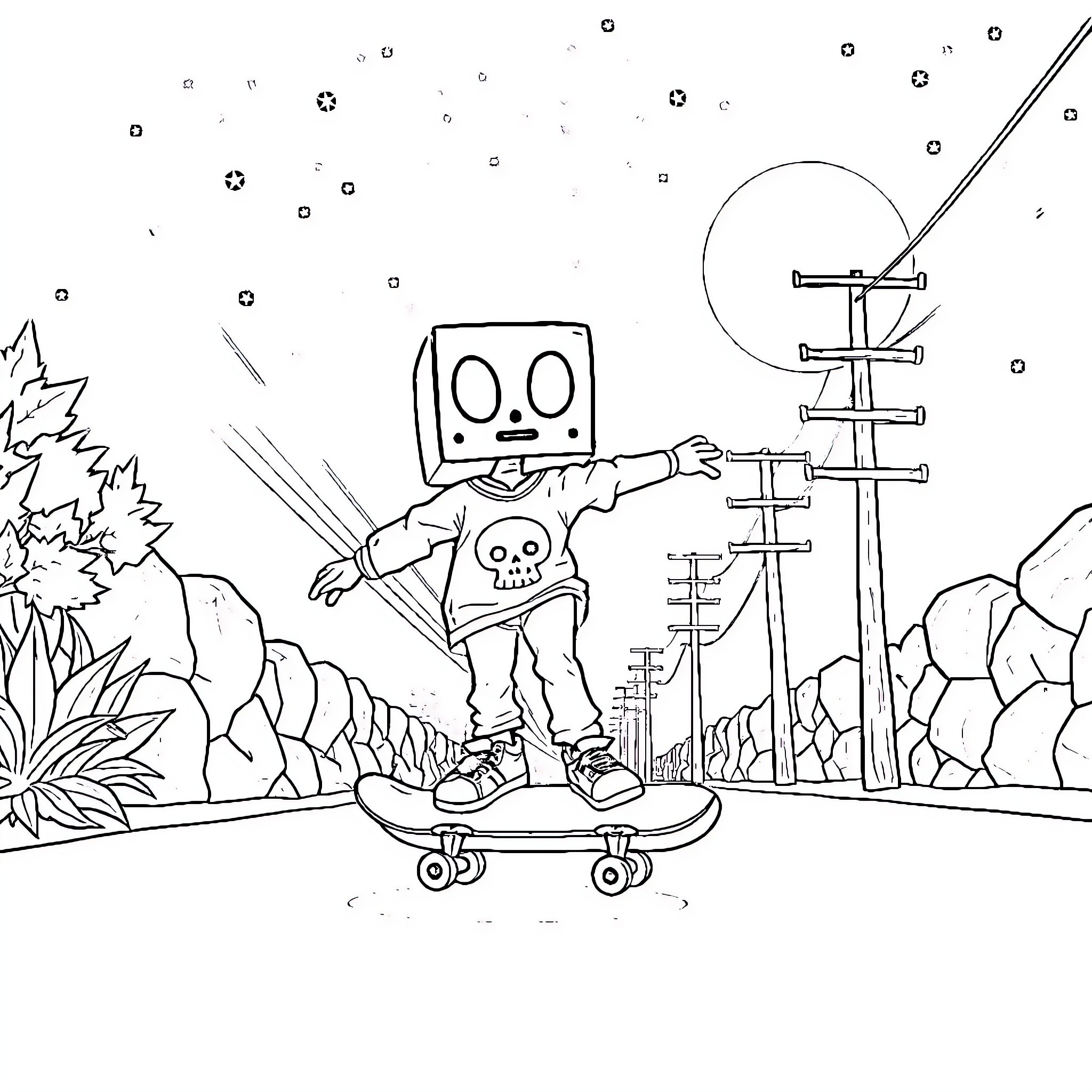 Box-Headed Character Skateboarding in Surreal Landscape Coloring Page (free black-and-white line drawing printable PDF for all, from beginners to advanced learners, including children, teens, adults, and seniors)