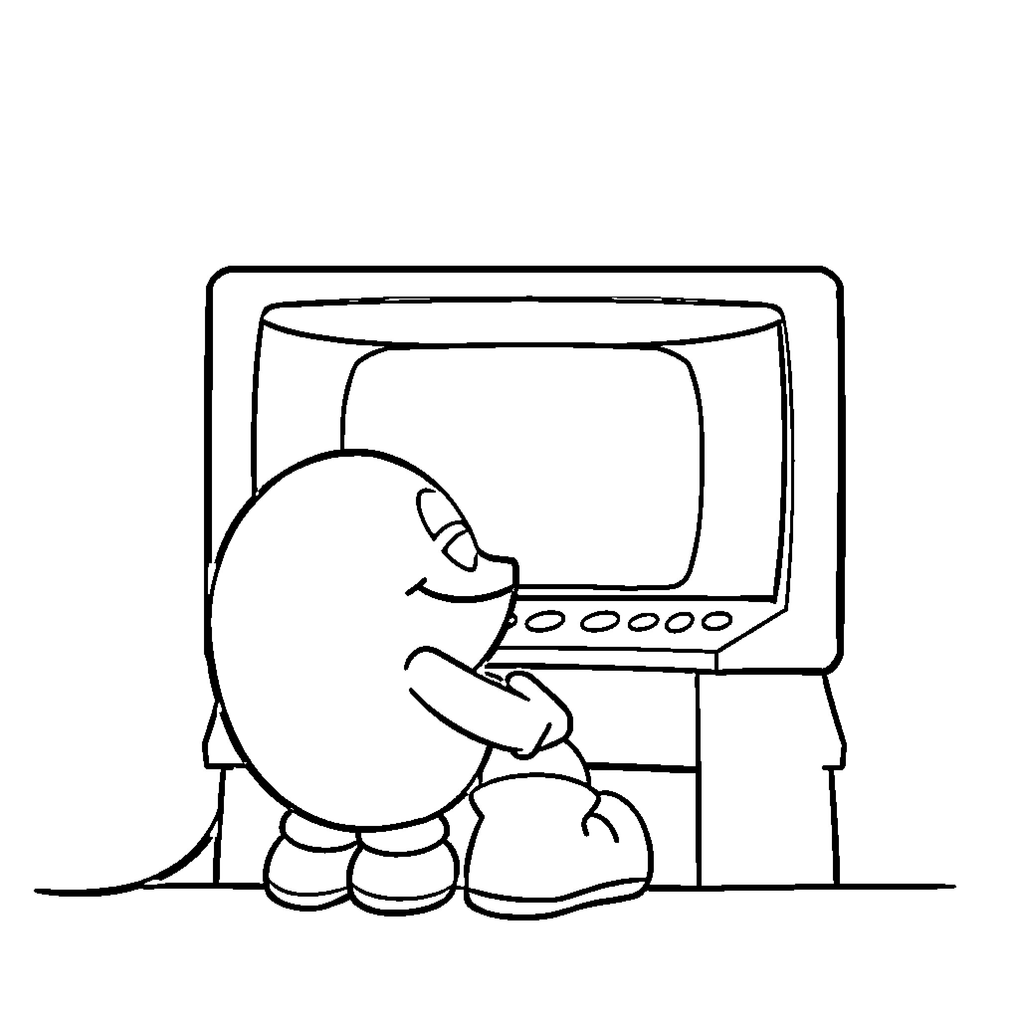 Pacman character playing video game on screen Coloring Page (free black-and-white line drawing printable PDF for all, from beginners to advanced learners, including children, teens, adults, and seniors)