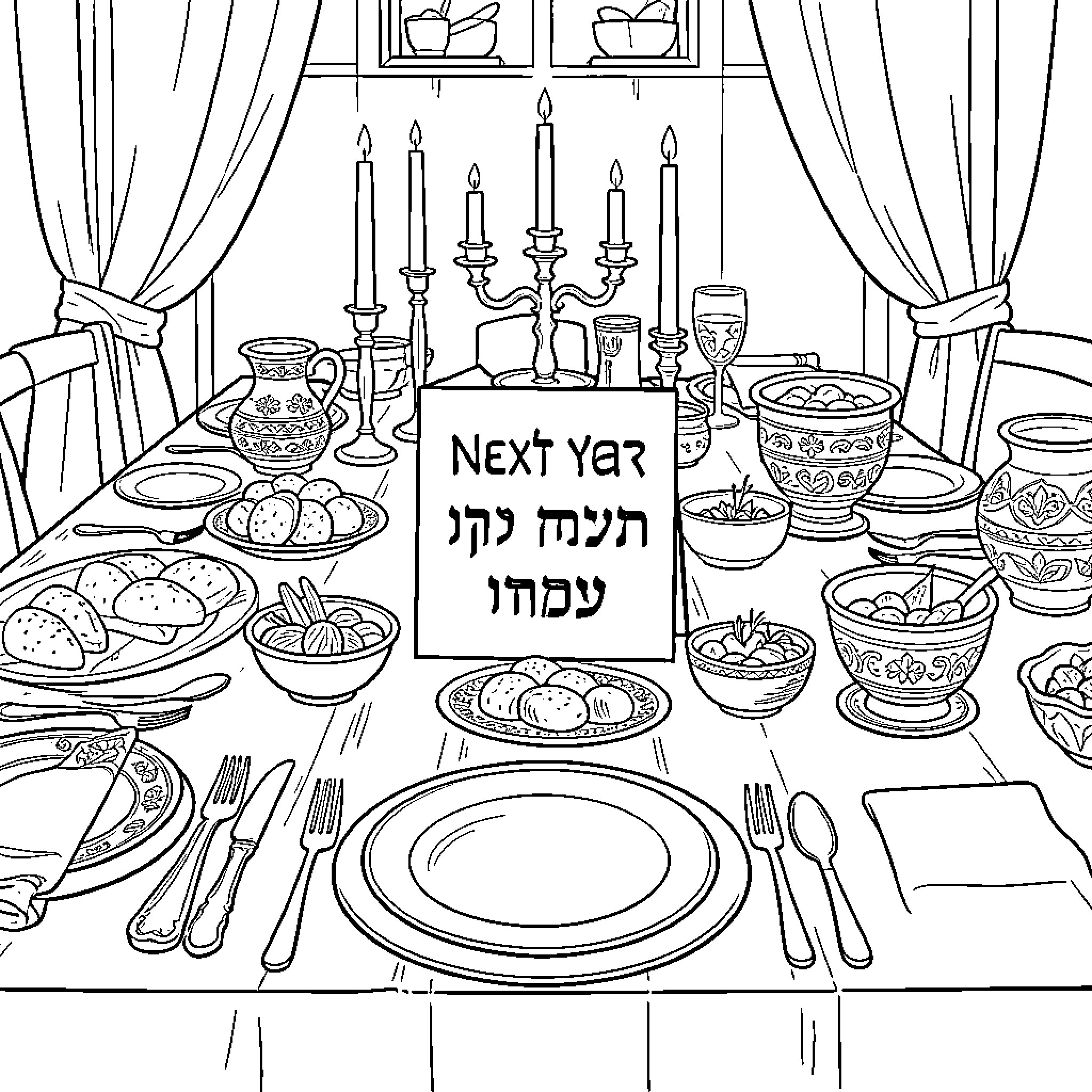 Rosh Hashanah festive meal set on a decorated table Coloring Page (free black-and-white line drawing printable PDF for all, from beginners to advanced learners, including children, teens, adults, and seniors)