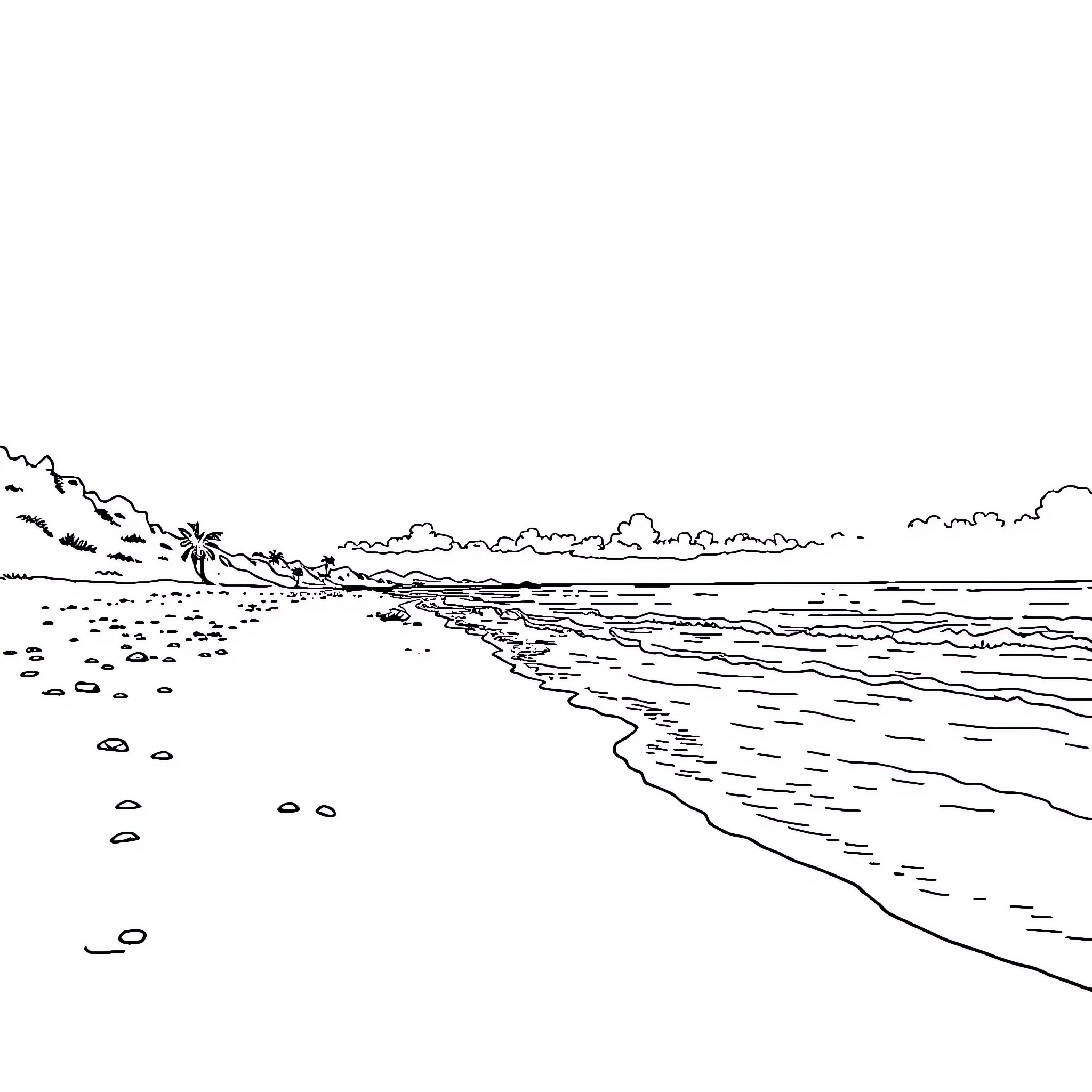 Kisifur's tranquil seascape landscape Coloring Page (free black-and-white line drawing printable PDF for all, from beginners to advanced learners, including children, teens, adults, and seniors)
