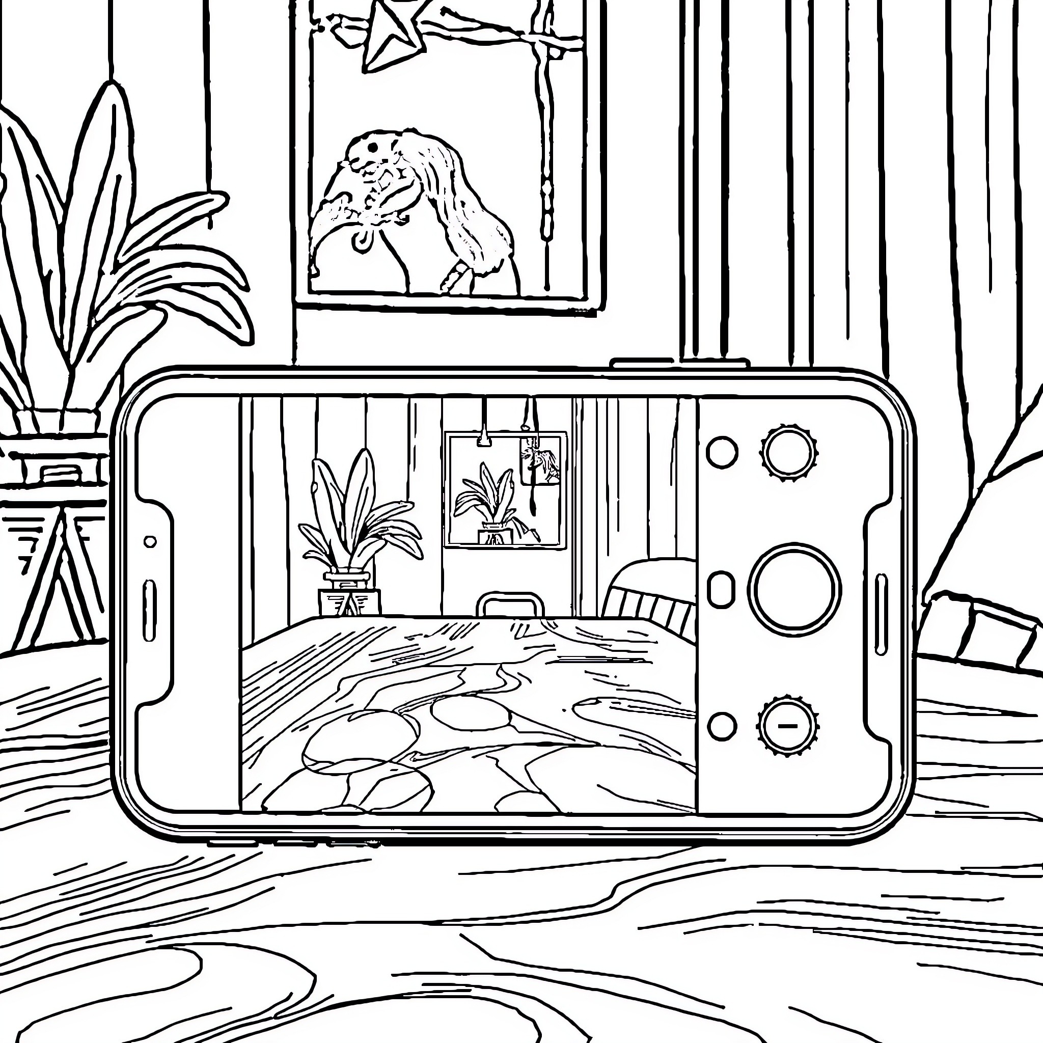 iPhone view of an artistic, nature-inspired room Coloring Page (free black-and-white line drawing printable PDF for all, from beginners to advanced learners, including children, teens, adults, and seniors)