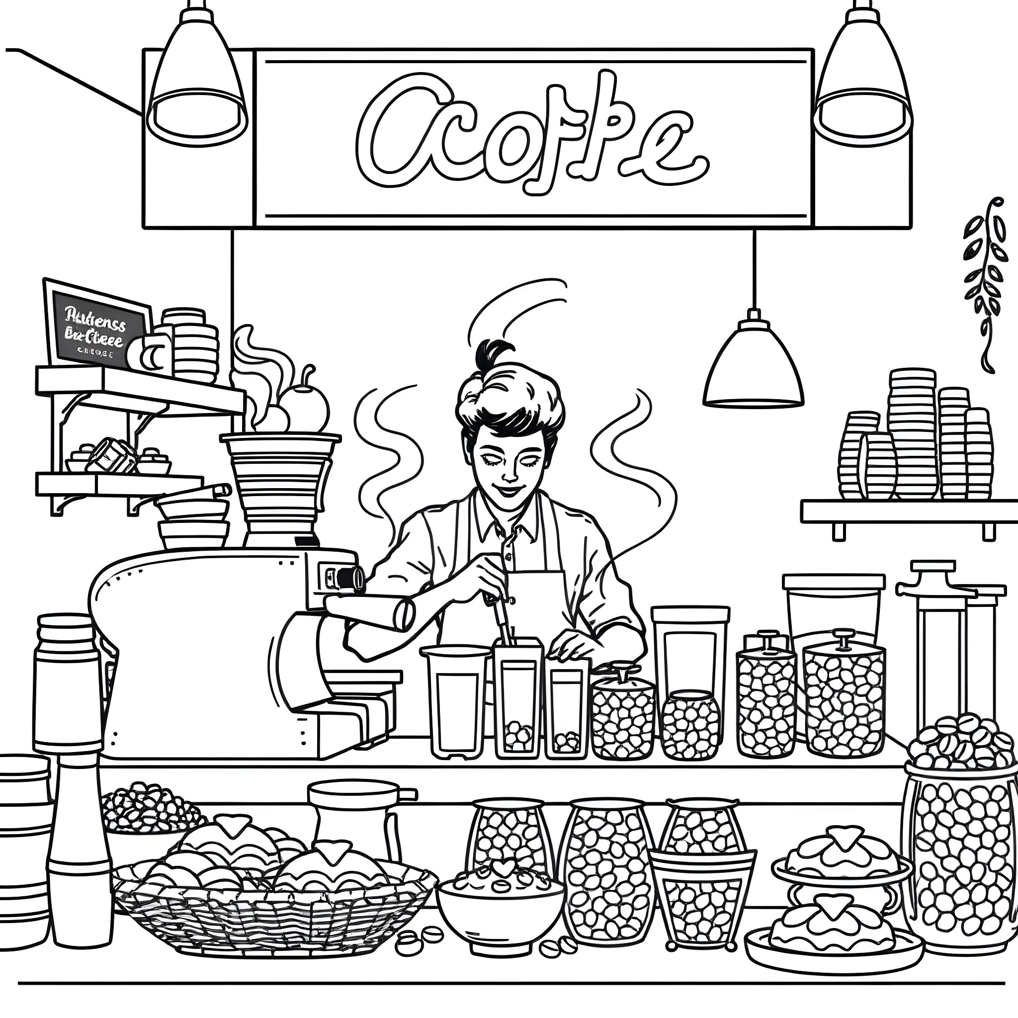 Barista preparing coffee in cozy cafe setting Coloring Page (free black-and-white line drawing printable PDF for all, from beginners to advanced learners, including children, teens, adults, and seniors)
