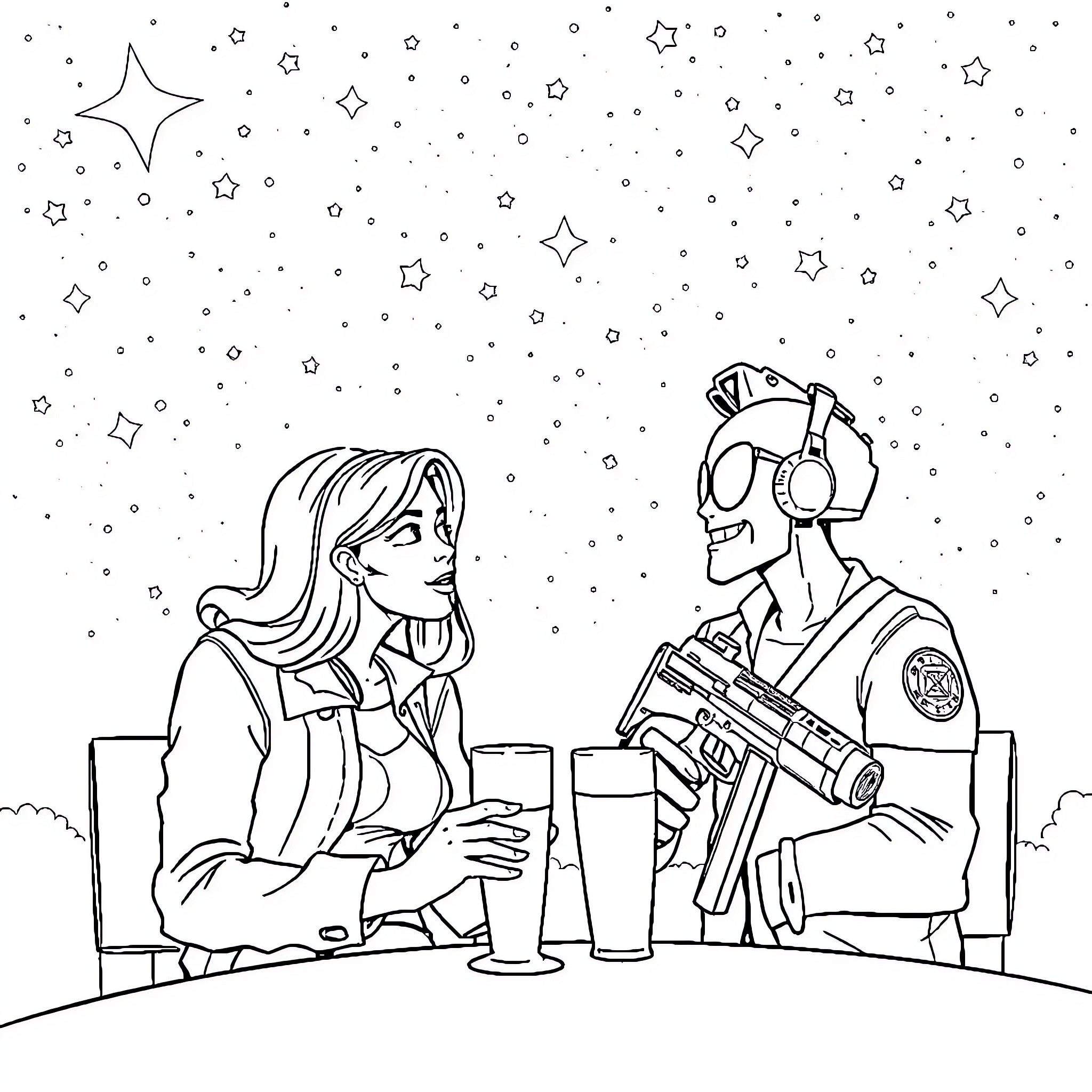 Night chat between friends in space Coloring Page (free black-and-white line drawing printable PDF for all, from beginners to advanced learners, including children, teens, adults, and seniors)