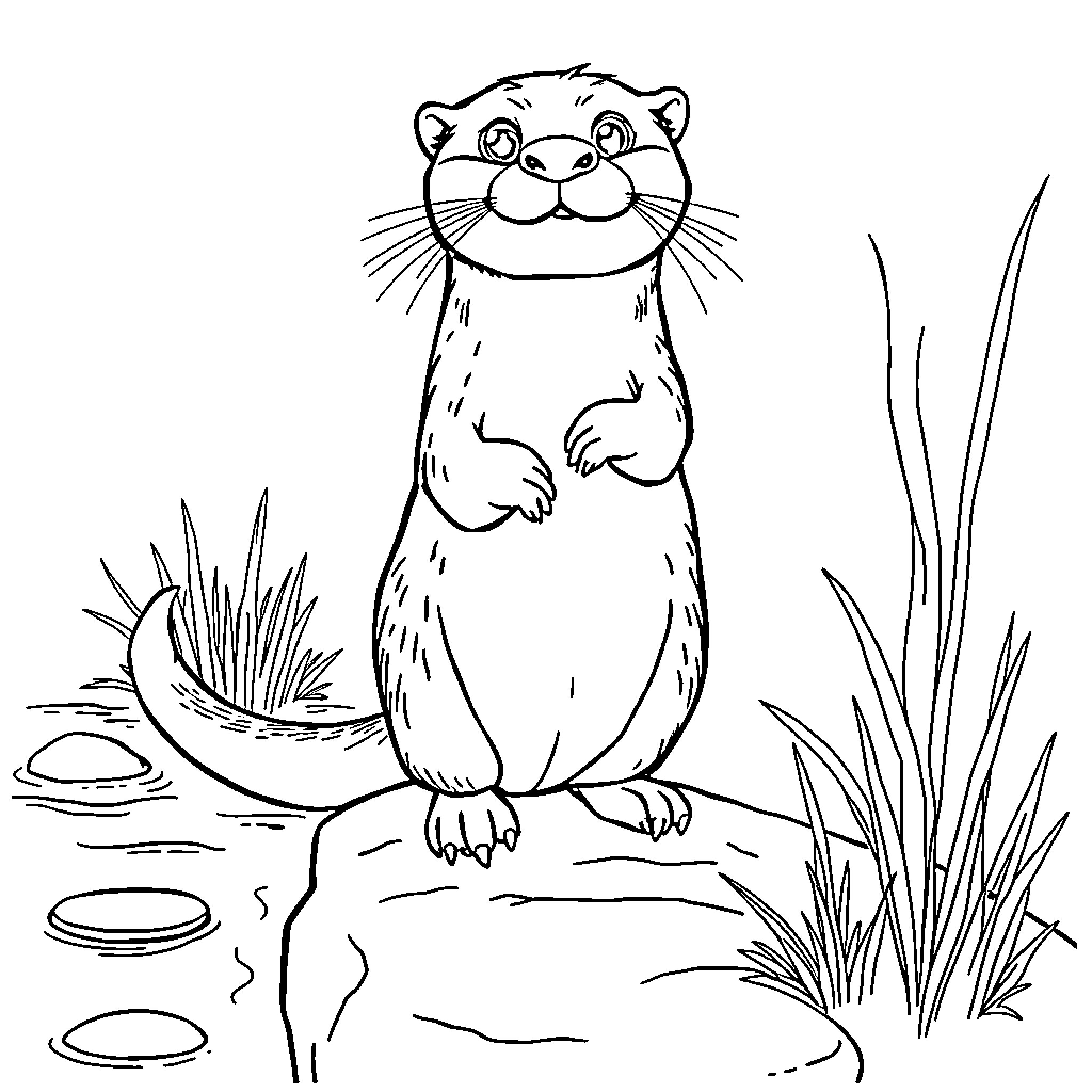 Otter sitting on a rock in the pond Coloring Page (free black-and-white line drawing printable PDF for all, from beginners to advanced learners, including children, teens, adults, and seniors)