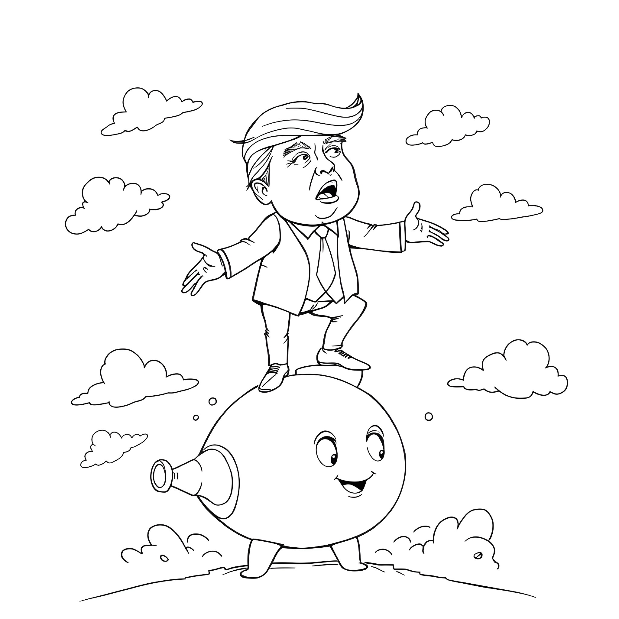 Trump's Animated Antics with Smiling Moon Coloring Page (free black-and-white line drawing printable PDF for all, from beginners to advanced learners, including children, teens, adults, and seniors)