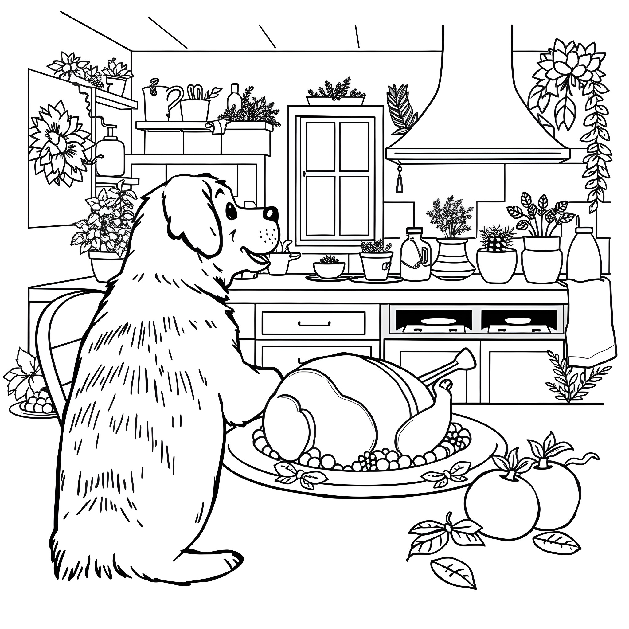 Dog Watching Thanksgiving Feast in Cozy Kitchen Coloring Page (free black-and-white line drawing printable PDF for all, from beginners to advanced learners, including children, teens, adults, and seniors)
