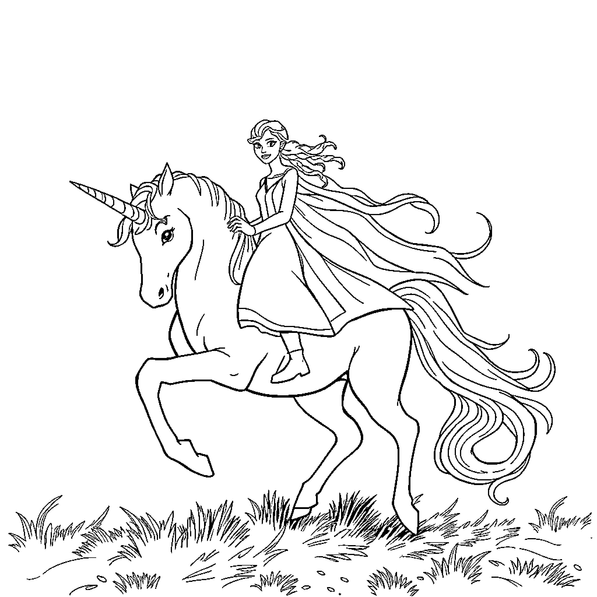 Elsa riding a magical unicorn through the meadow Coloring Page (free black-and-white line drawing printable PDF for all, from beginners to advanced learners, including children, teens, adults, and seniors)