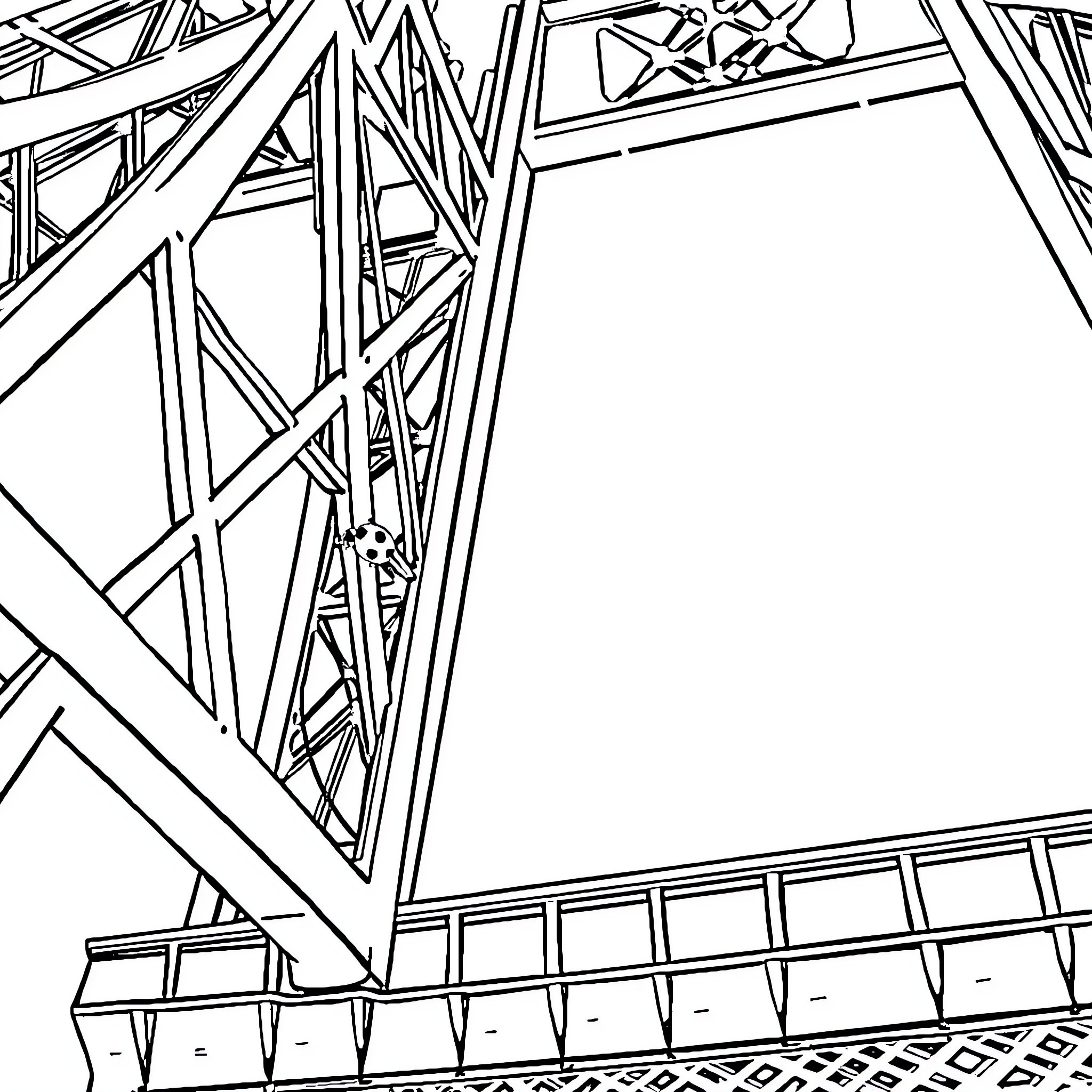 Ladybug exploring a modern architectural structure Coloring Page (free black-and-white line drawing printable PDF for all, from beginners to advanced learners, including children, teens, adults, and seniors)