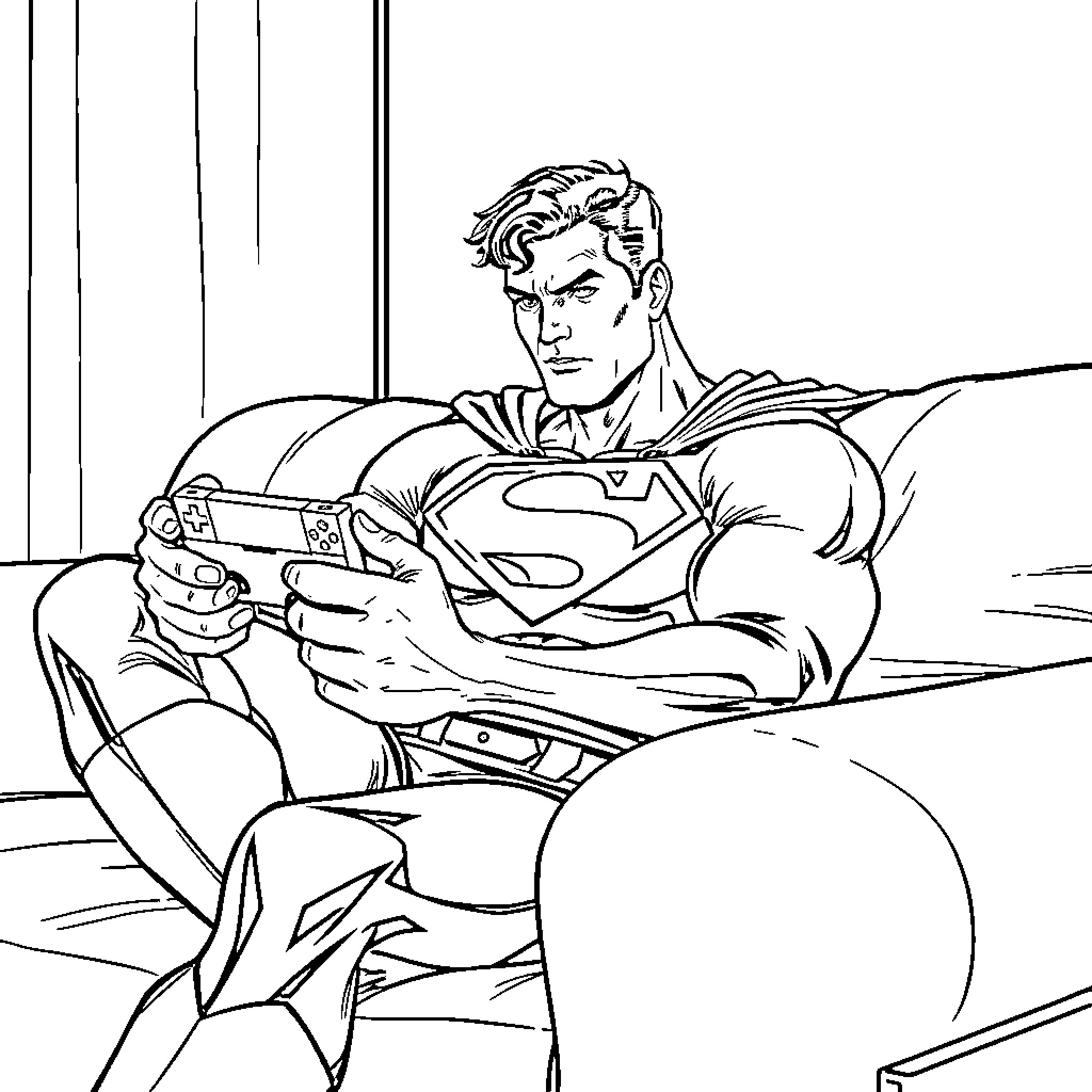 Superman relaxing with video game controller Coloring Page (free black-and-white line drawing printable PDF for all, from beginners to advanced learners, including children, teens, adults, and seniors)
