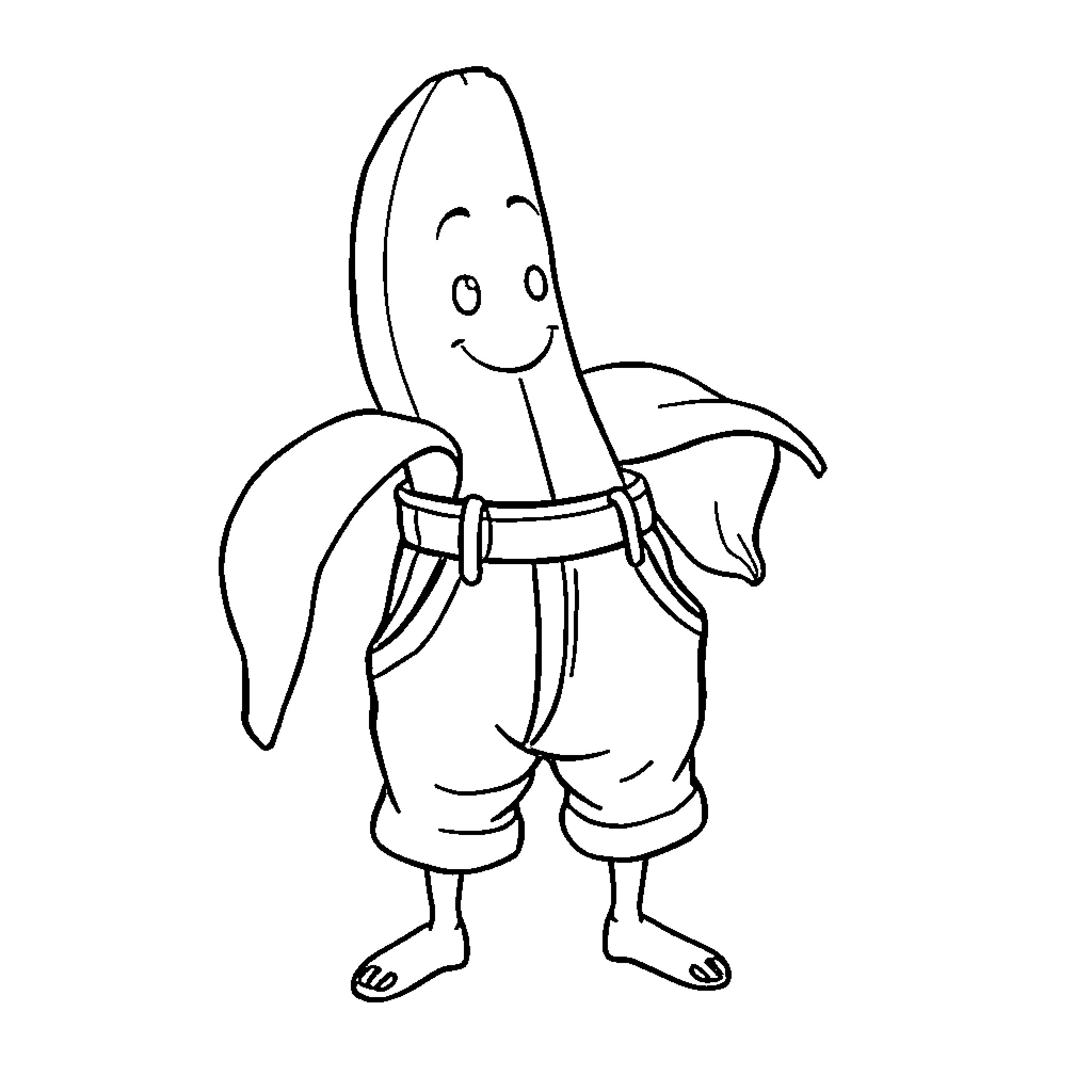 Banana with overalls enjoying the day Coloring Page (free black-and-white line drawing printable PDF for all, from beginners to advanced learners, including children, teens, adults, and seniors)