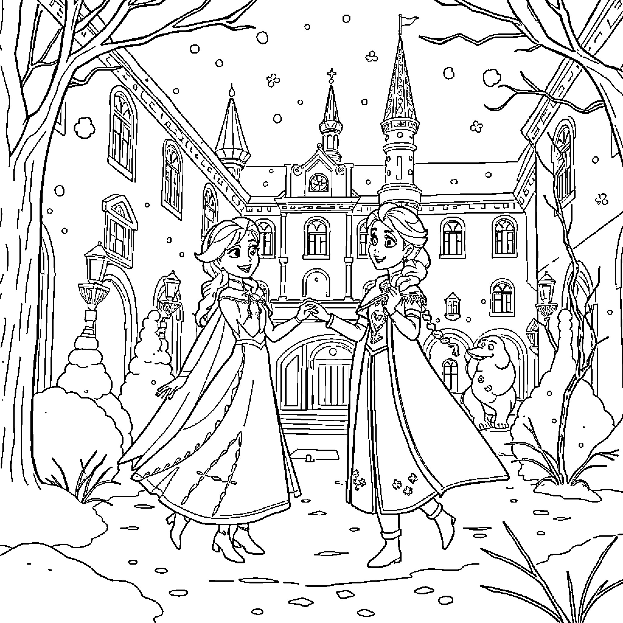 Elsa and Anna explore the snowy castle Coloring Page (free black-and-white line drawing printable PDF for all, from beginners to advanced learners, including children, teens, adults, and seniors)