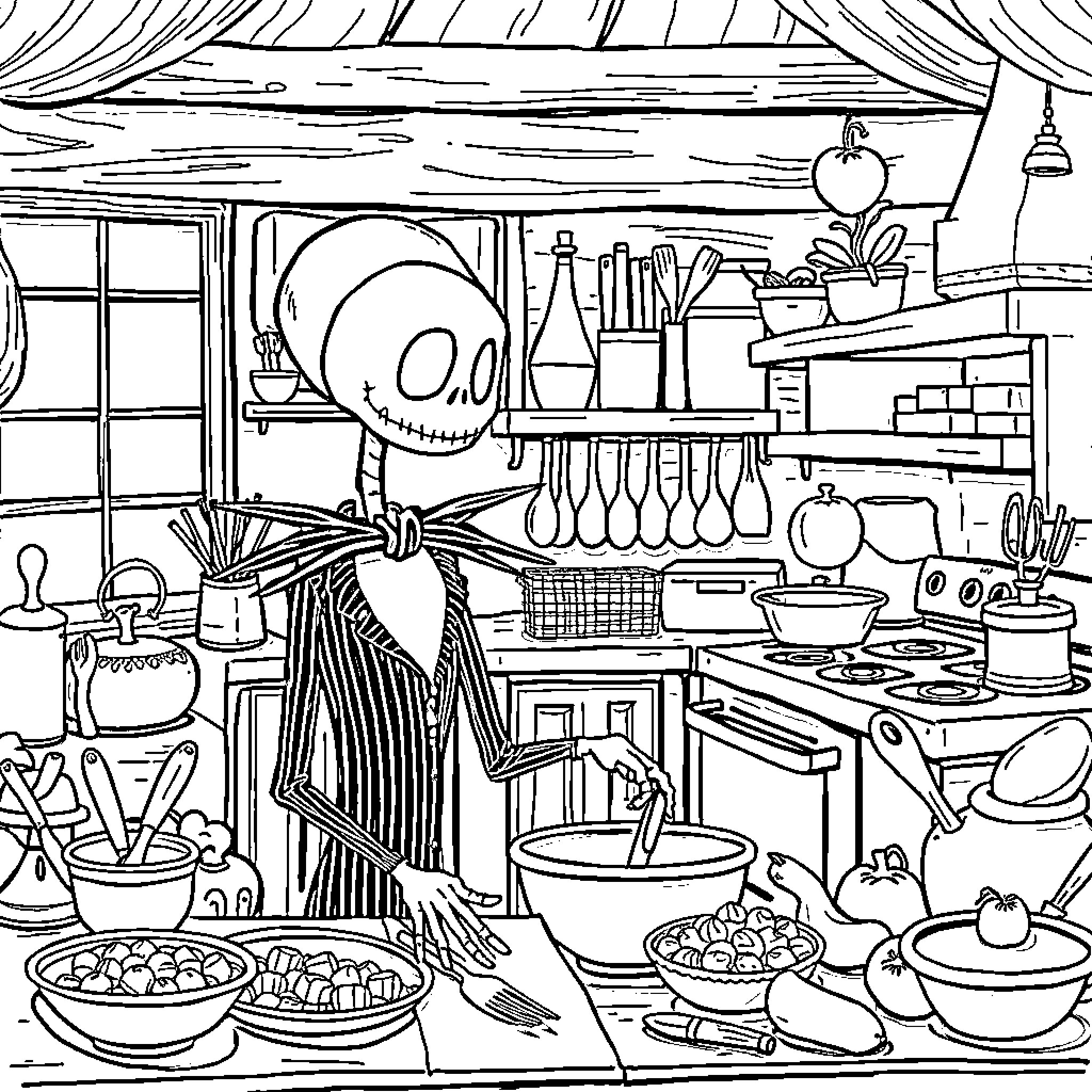 Jack Skellington prepares a spooky feast in the kitchen Coloring Page (free black-and-white line drawing printable PDF for all, from beginners to advanced learners, including children, teens, adults, and seniors)