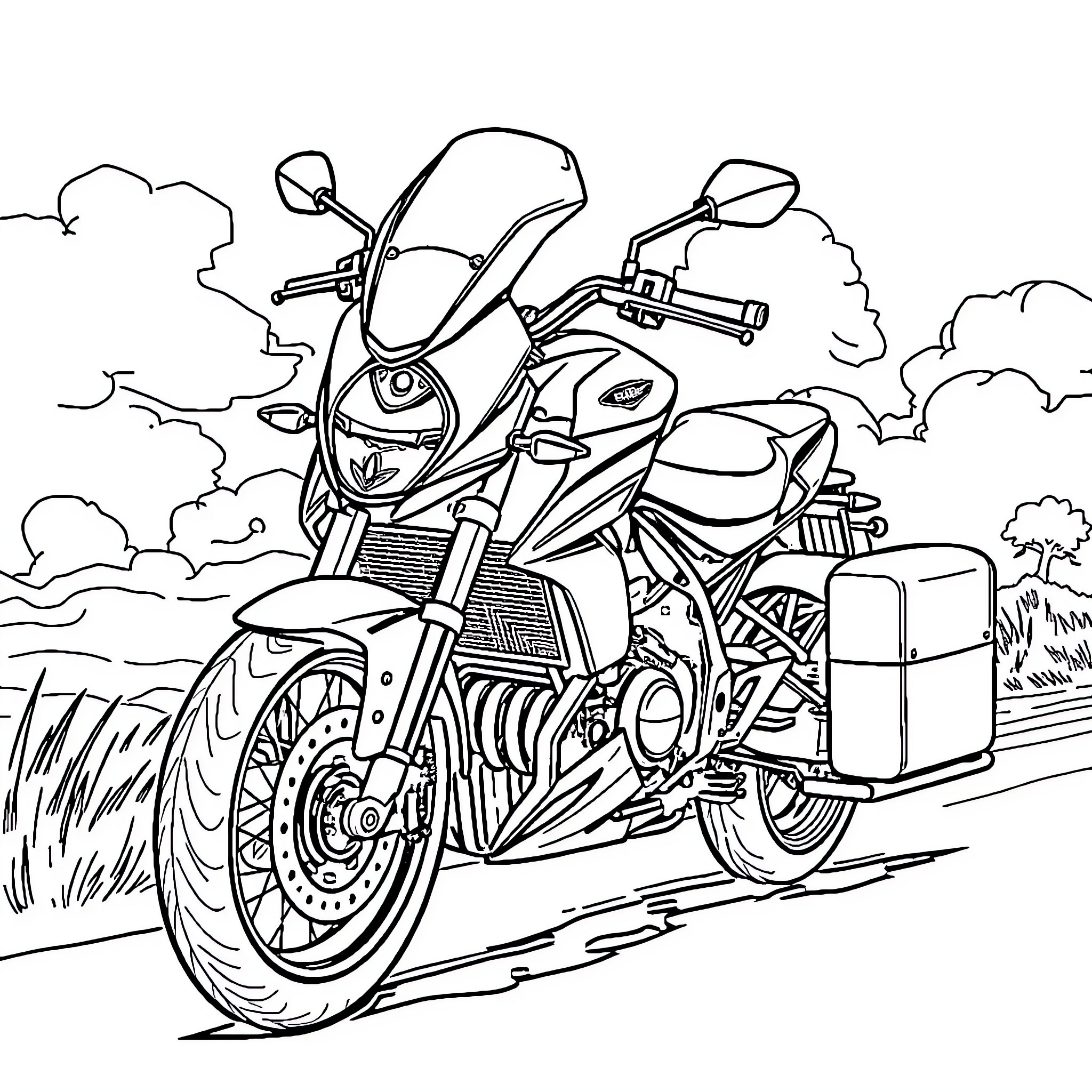Moto Adventure on the Open Road Coloring Page (free black-and-white line drawing printable PDF for all, from beginners to advanced learners, including children, teens, adults, and seniors)
