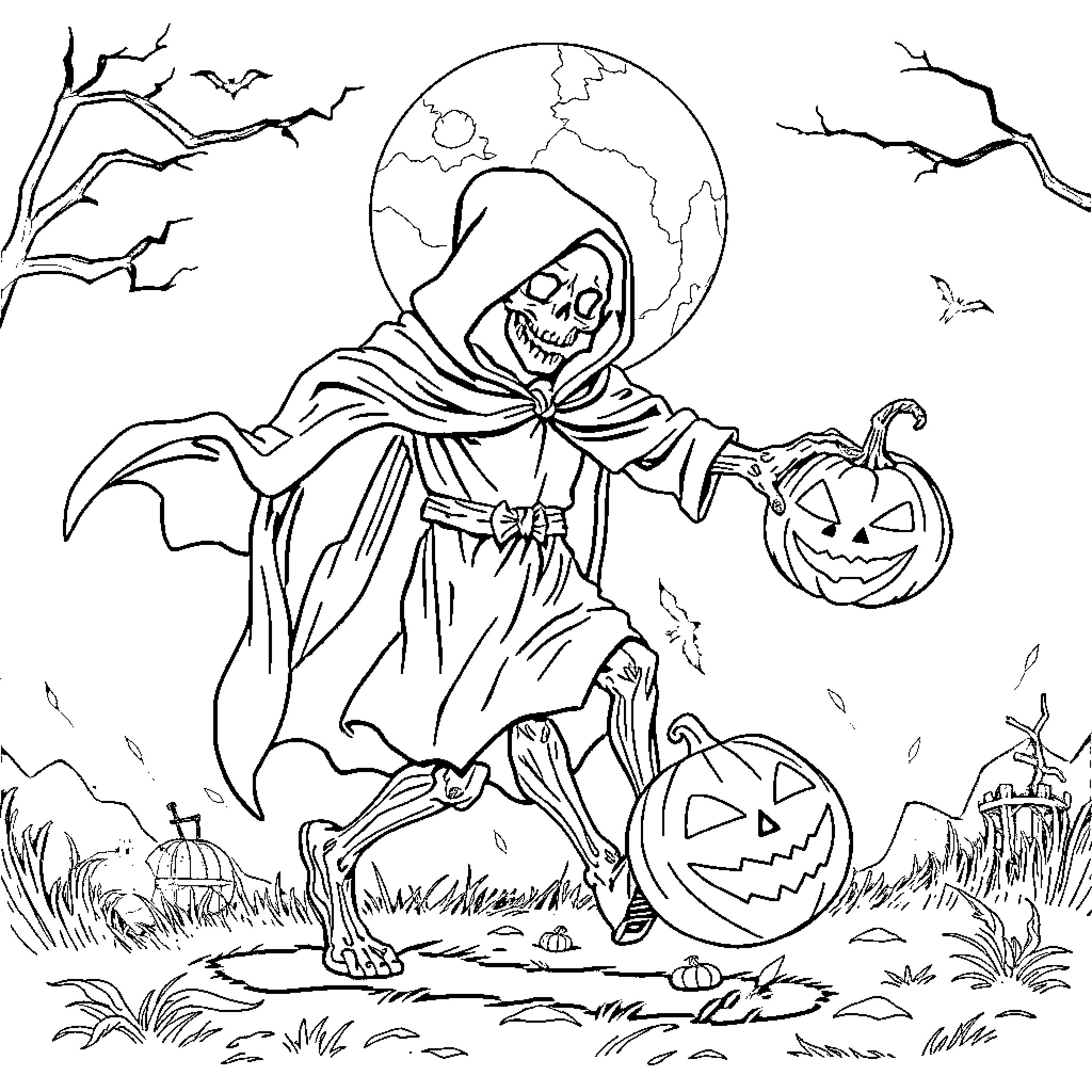 Death Stalks the Pumpkin-Filled Night Coloring Page (free black-and-white line drawing printable PDF for all, from beginners to advanced learners, including children, teens, adults, and seniors)