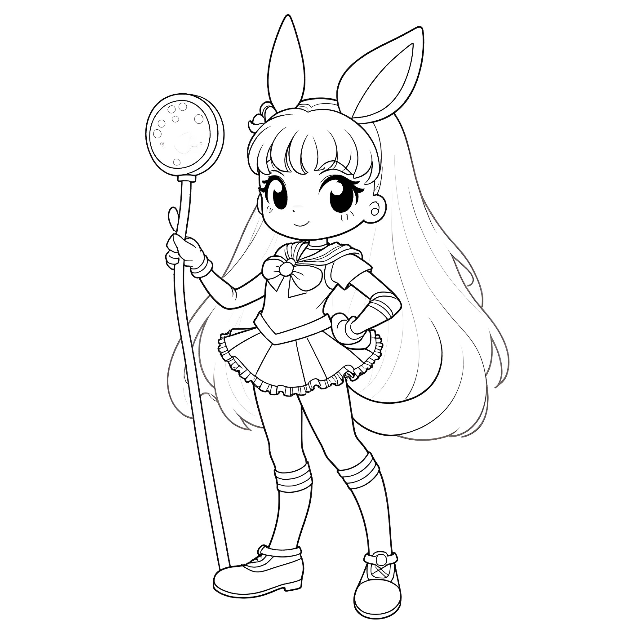 Digimon girl in cute anime outfit with magic staff Coloring Page (free black-and-white line drawing printable PDF for all, from beginners to advanced learners, including children, teens, adults, and seniors)