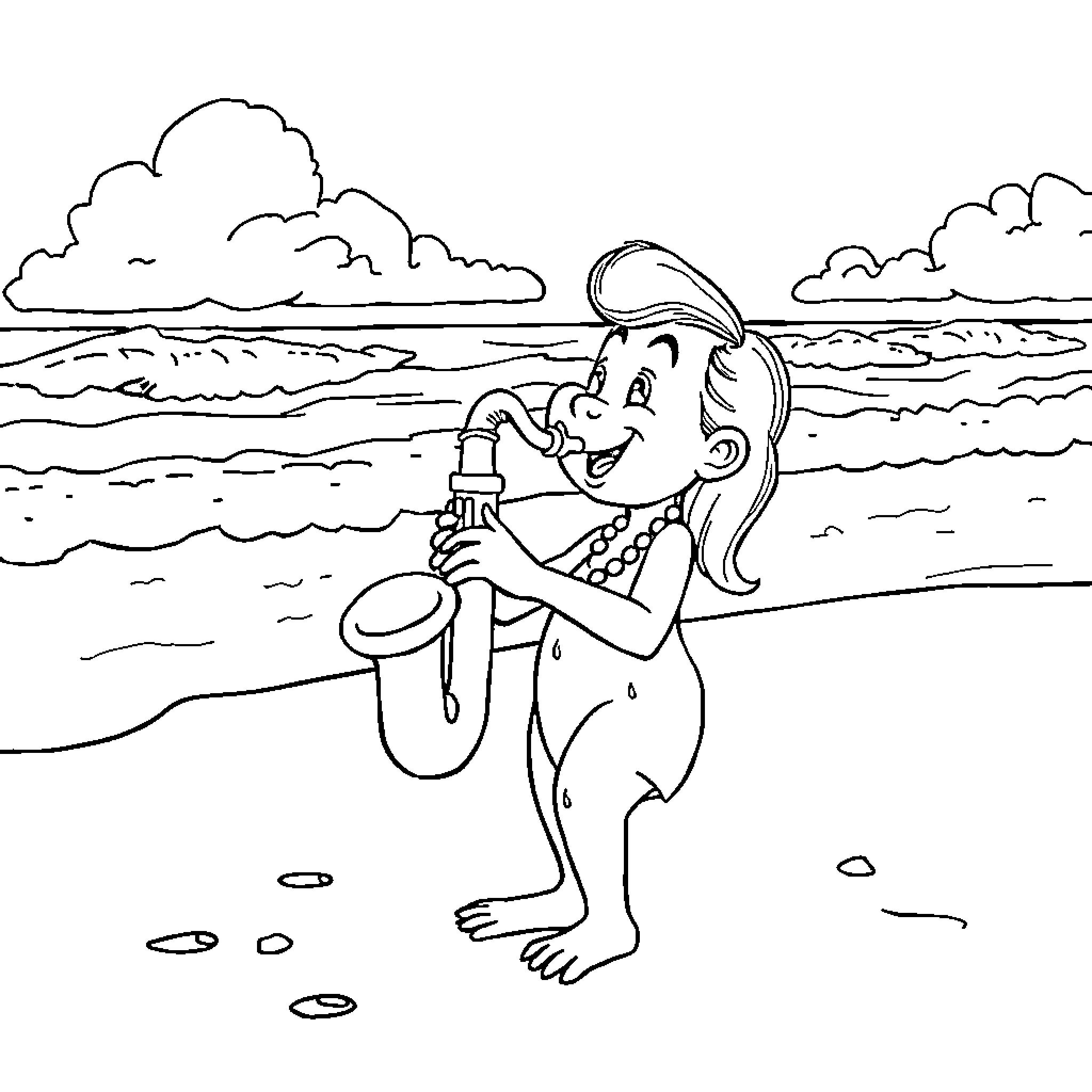 Lilo playing music on the beach Coloring Page (free black-and-white line drawing printable PDF for all, from beginners to advanced learners, including children, teens, adults, and seniors)