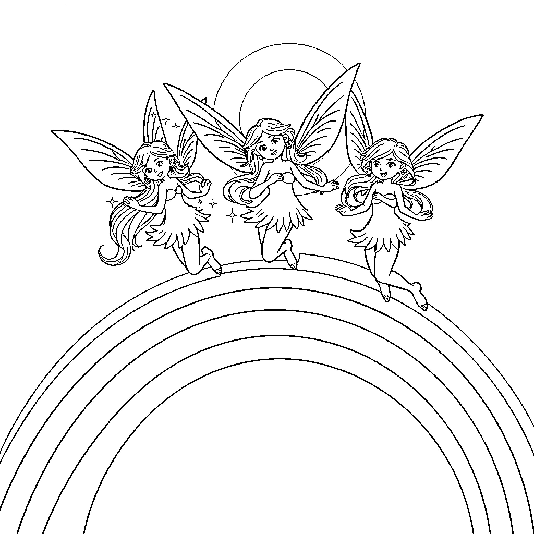 Fairy Creatures Dancing on a Rainbow Coloring Page (free black-and-white line drawing printable PDF for all, from beginners to advanced learners, including children, teens, adults, and seniors)