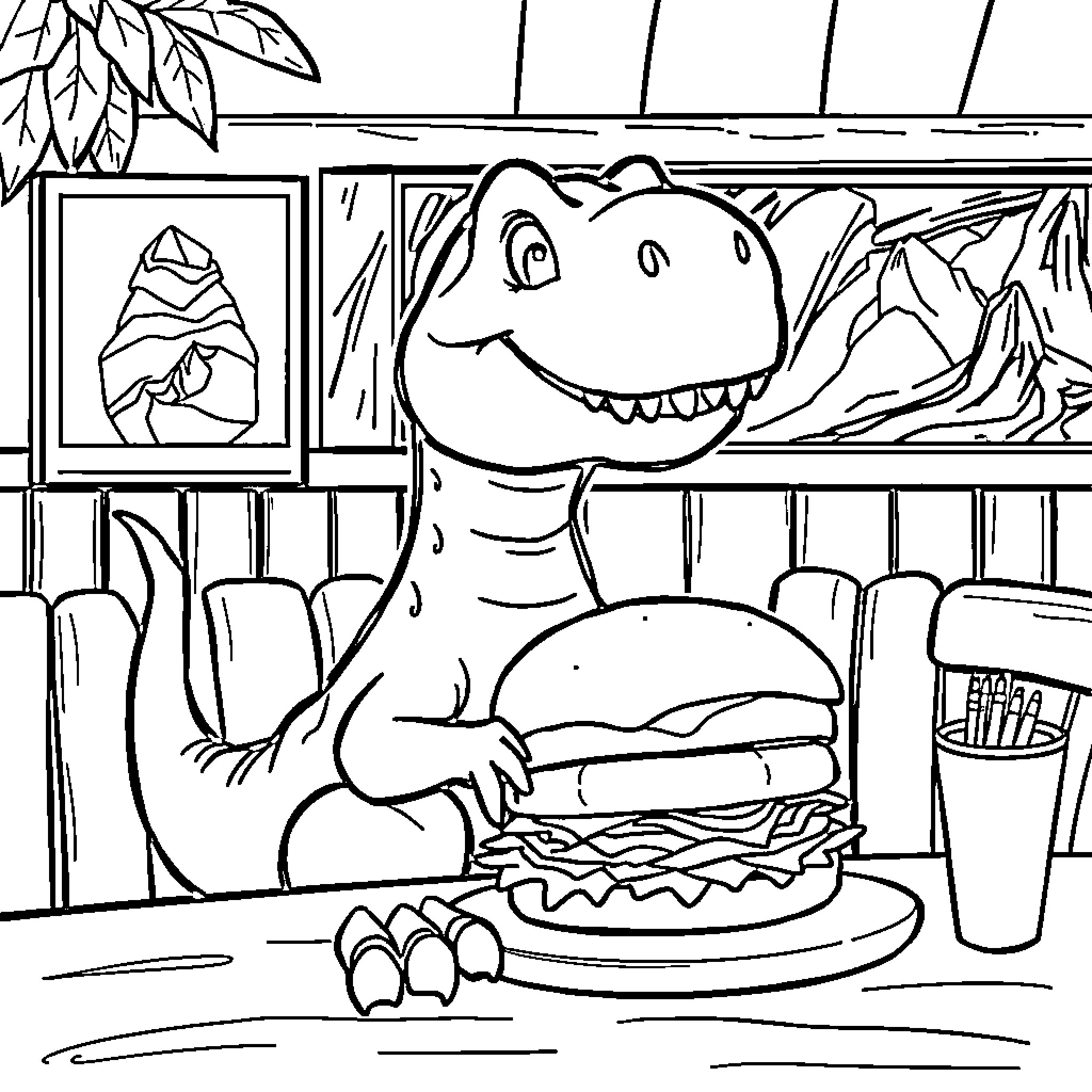 Dinosaur enjoying a hamburger in a diner Coloring Page (free black-and-white line drawing printable PDF for all, from beginners to advanced learners, including children, teens, adults, and seniors)