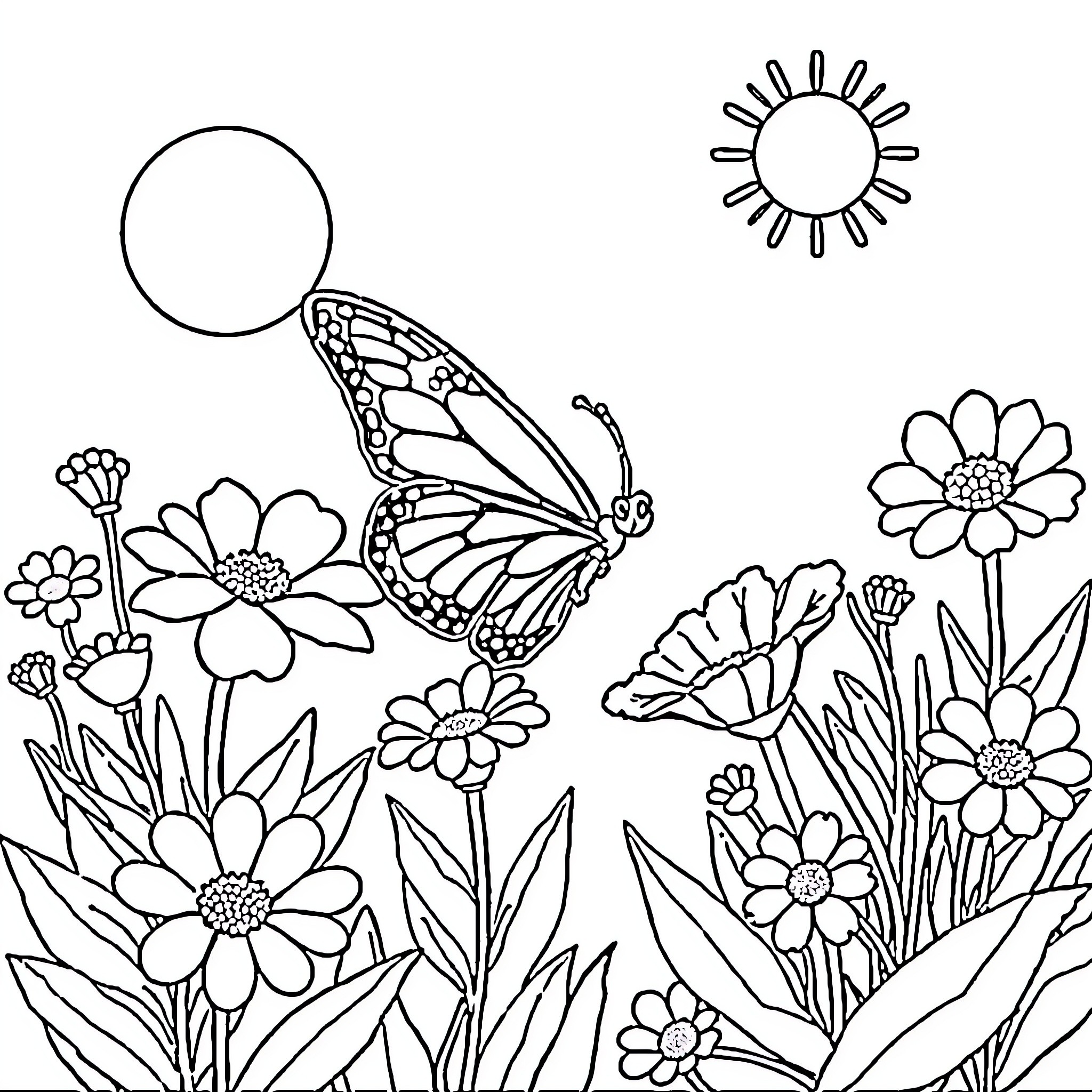 Butterfly fluttering amidst blooming flowers Coloring Page (free black-and-white line drawing printable PDF for all, from beginners to advanced learners, including children, teens, adults, and seniors)