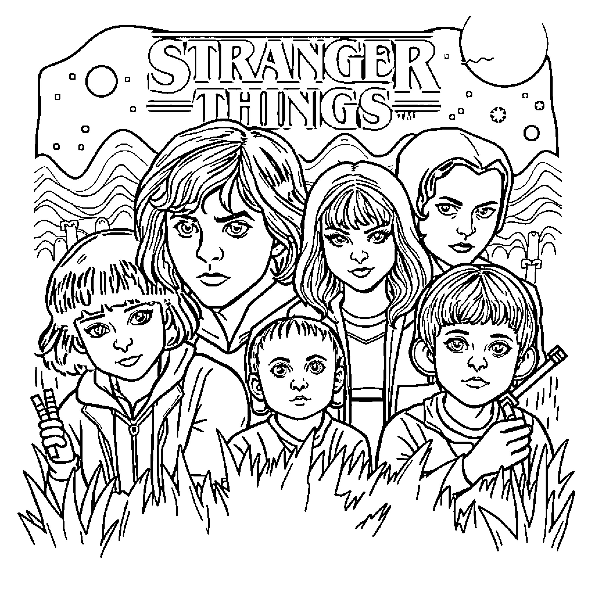 Stranger Things Group Portrait in Monochrome Coloring Page (free black-and-white line drawing printable PDF for all, from beginners to advanced learners, including children, teens, adults, and seniors)